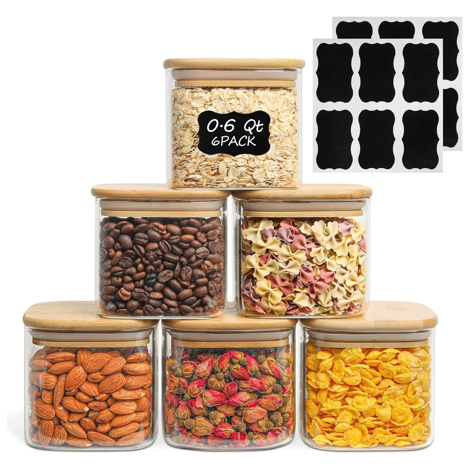 ComSaf 550ml Glass Storage Jars with Lid, Set of 6 Large Glass Containers, Diameter 10cm, Airtight Storage Jars for Storing Kitchen Ingredients, Pasta, Noodles, Flour