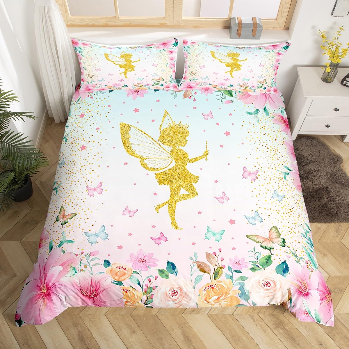 Housses de couettes fleurs arc-en-ciel mignon couvre lit princesse 3 pièces