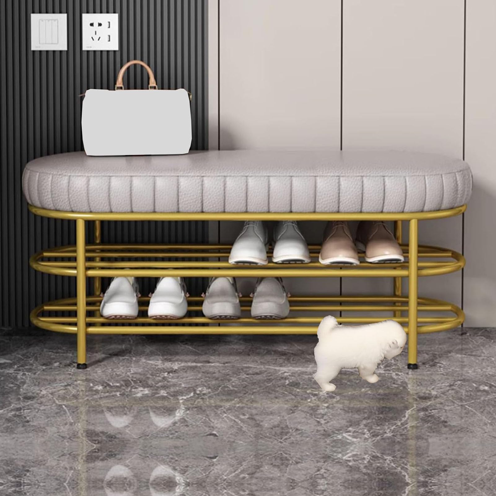 Banc à chaussures en métal avec assise en cuir pour entrée