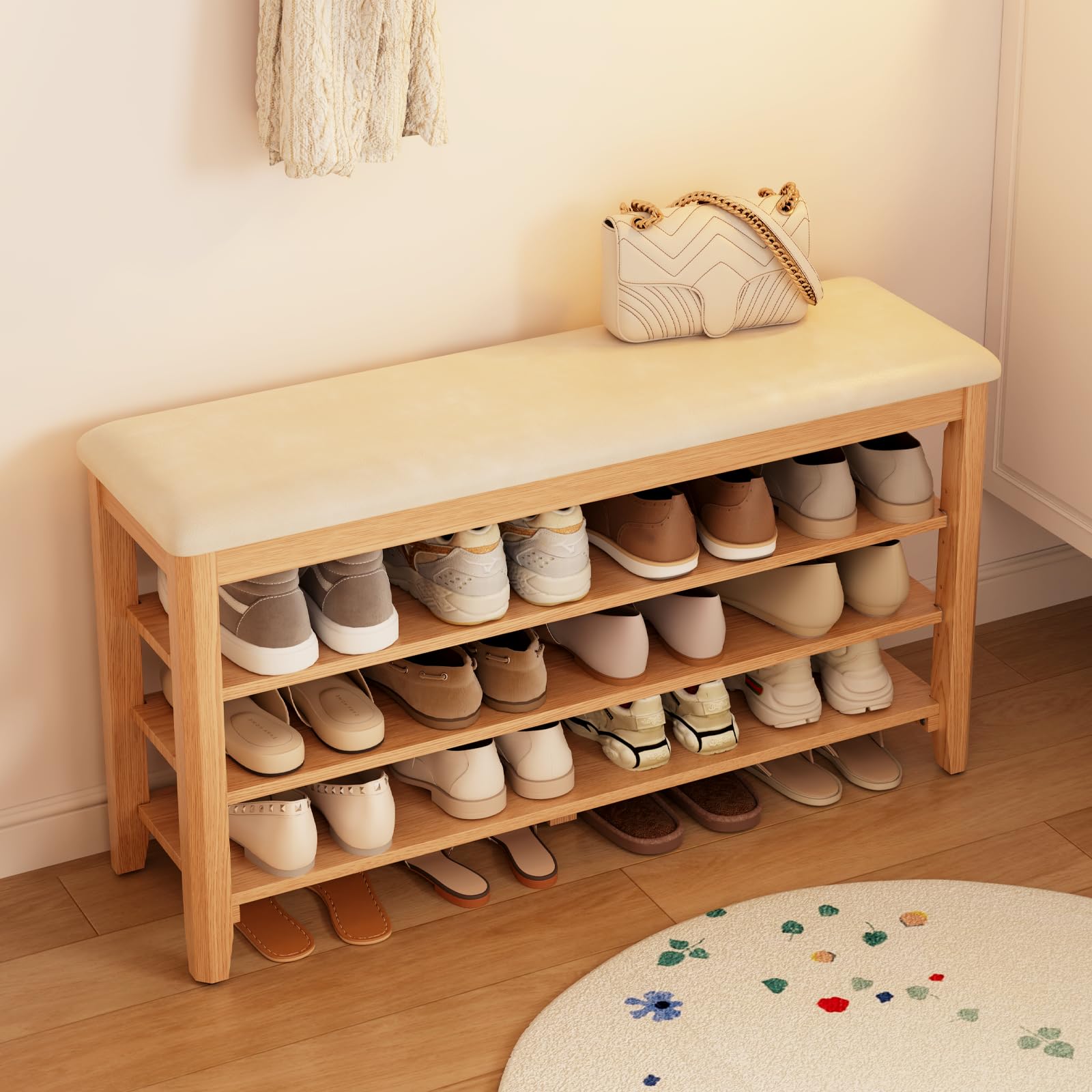 Amazon.co.jp: Mangowood 3段 シューズラック ベンチ付き 木製 玄関