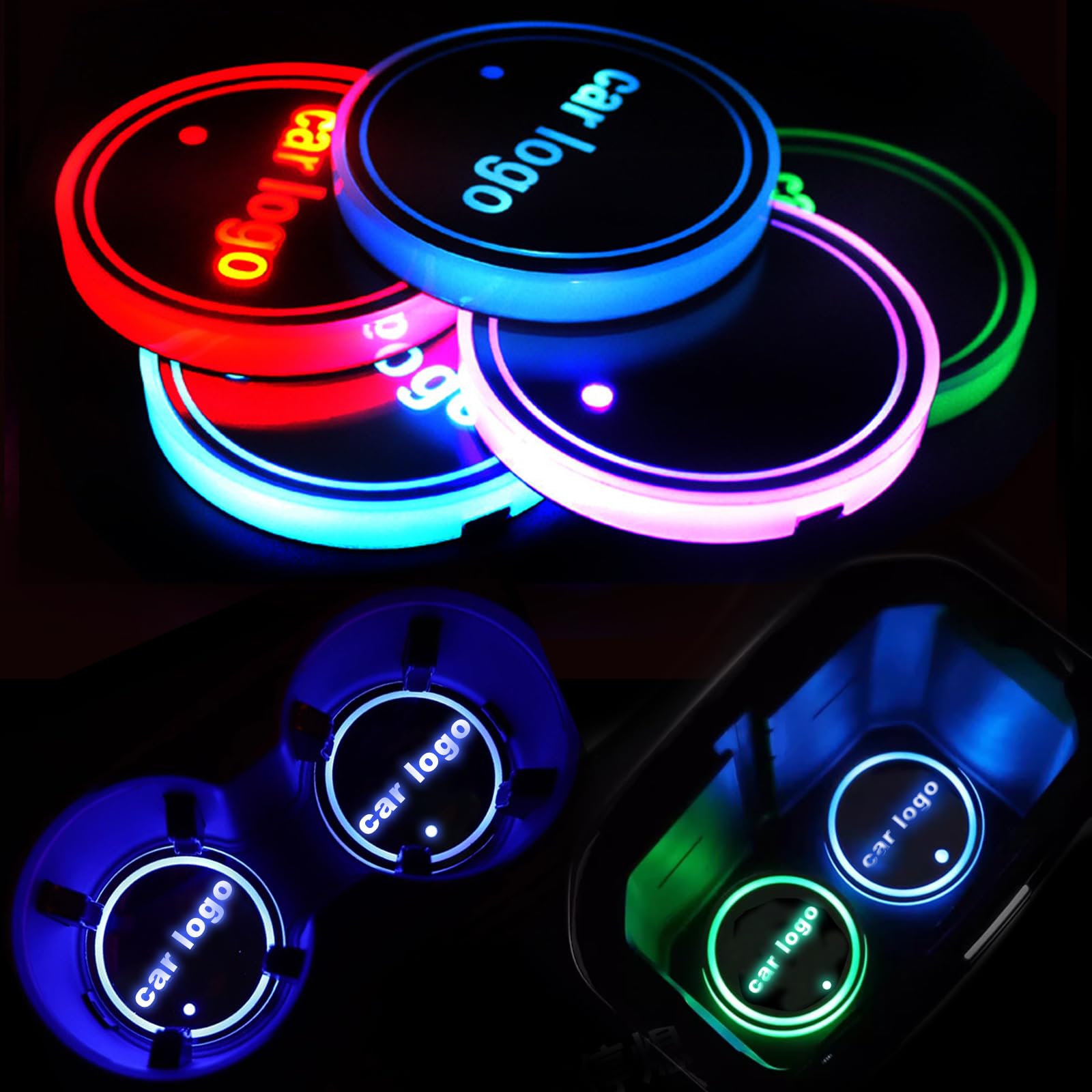 2 Pcs Custom Led Cup Holder Lights with Car Logo, for Compatible All Models, Light Up Coasters Custom Patterns 7 Colors/3 Modes, USB Charging