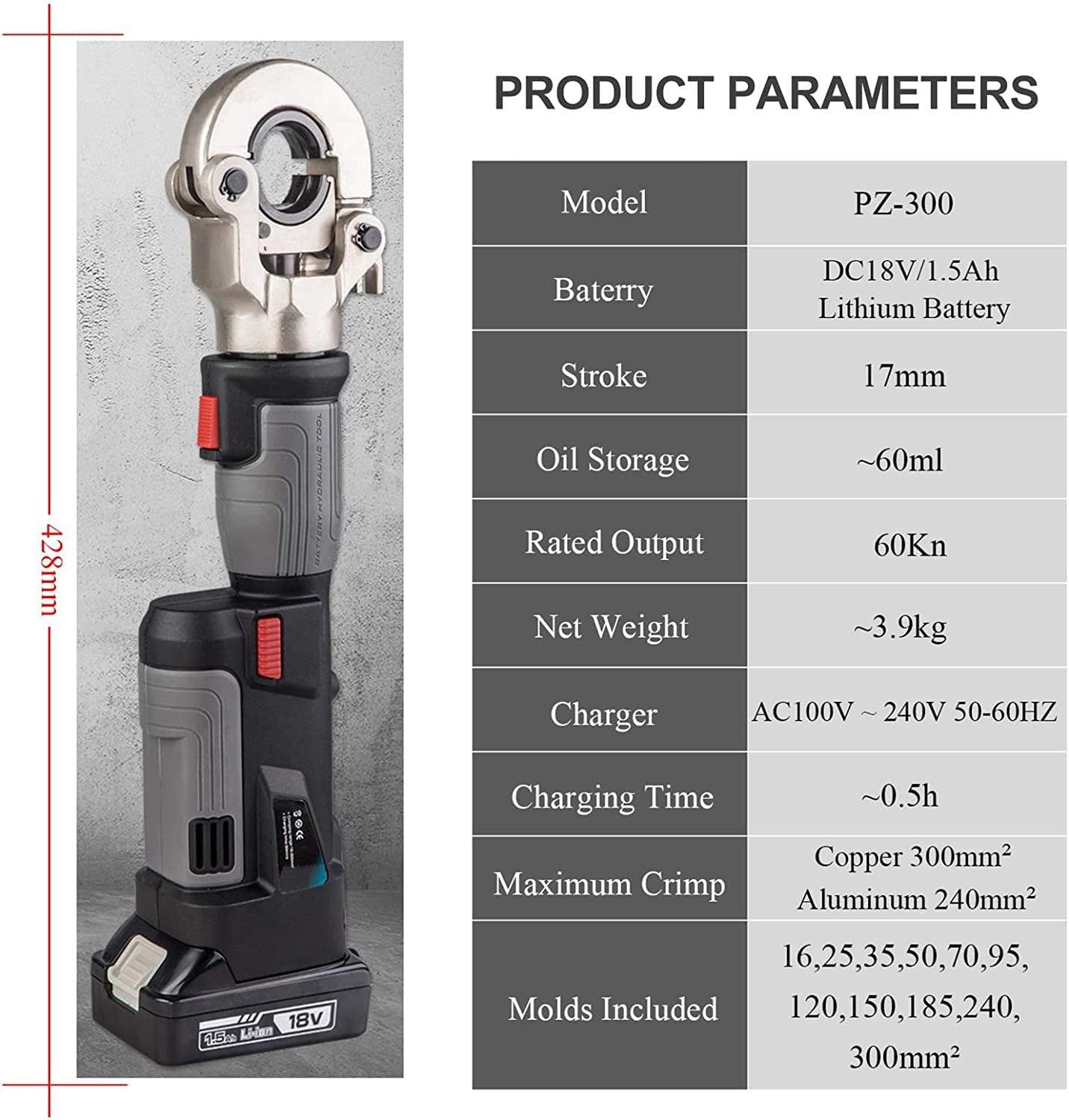 TAHALI Pinza crimpatrice elettrica idraulica, crimpatrice idraulica Ricaricabile per terminali in Rame e Alluminio, con Batteria da 1,5 Ah, Campo di crimpatura 16-300 mm²