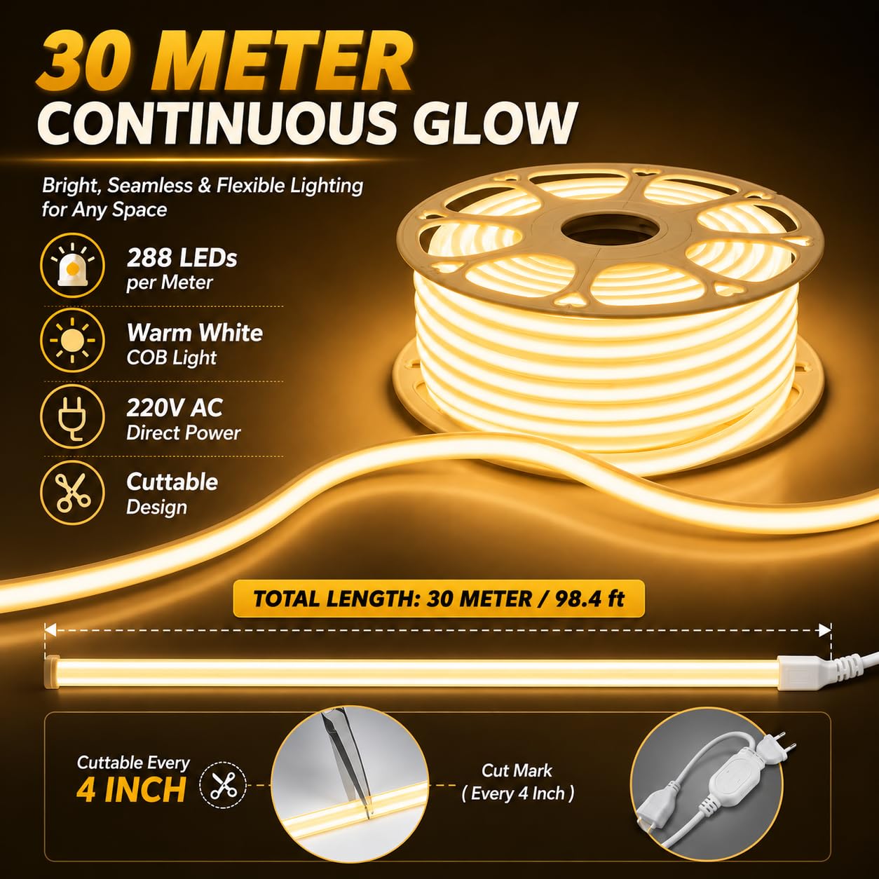 30M Warm White LED Neon Strip Light - Waterproof & Cuttable -4