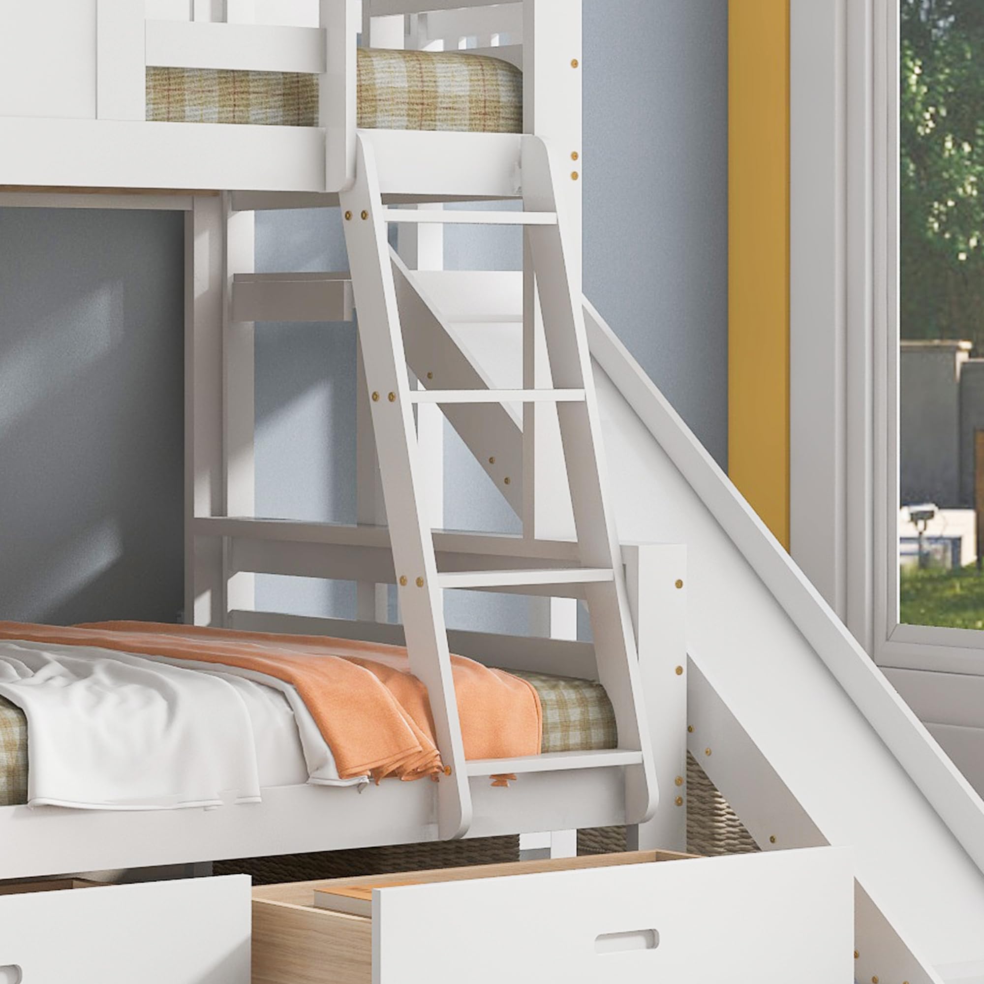 Letto A Castello Per Bambini - Con Cassetti E Scala, Dimensioni 90x200 E 120x200 Cm, In Pino E MDF, Colore Bianco/naturale