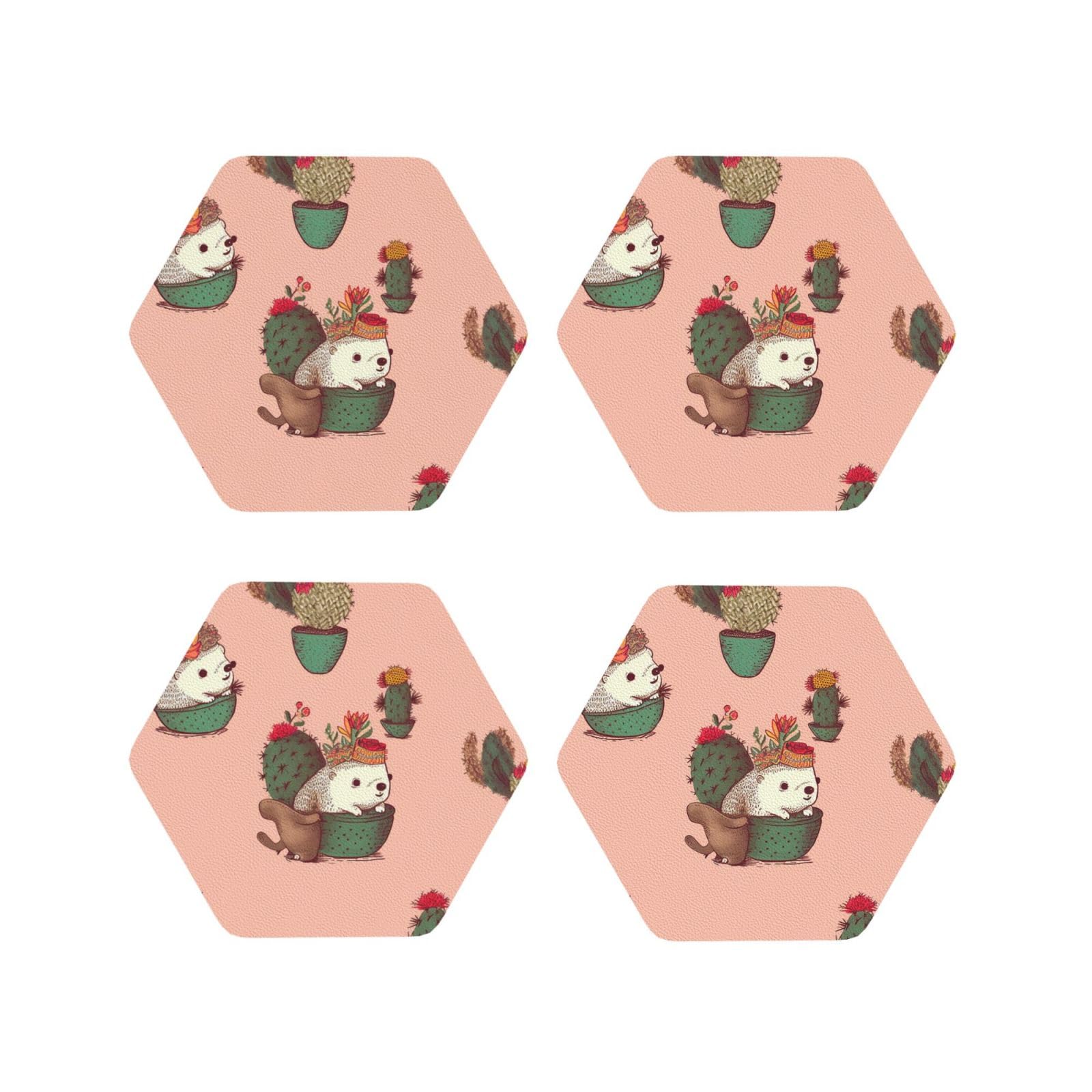 4pcs Drink Coasters for Tabletop Protection, 4" Leather Coasters for Drinks, Hedgehog and Cactus Cup Coasters for Coffee Table Decor, Non-Slip Drinking Cup Mat for Hot Or Cold Drink