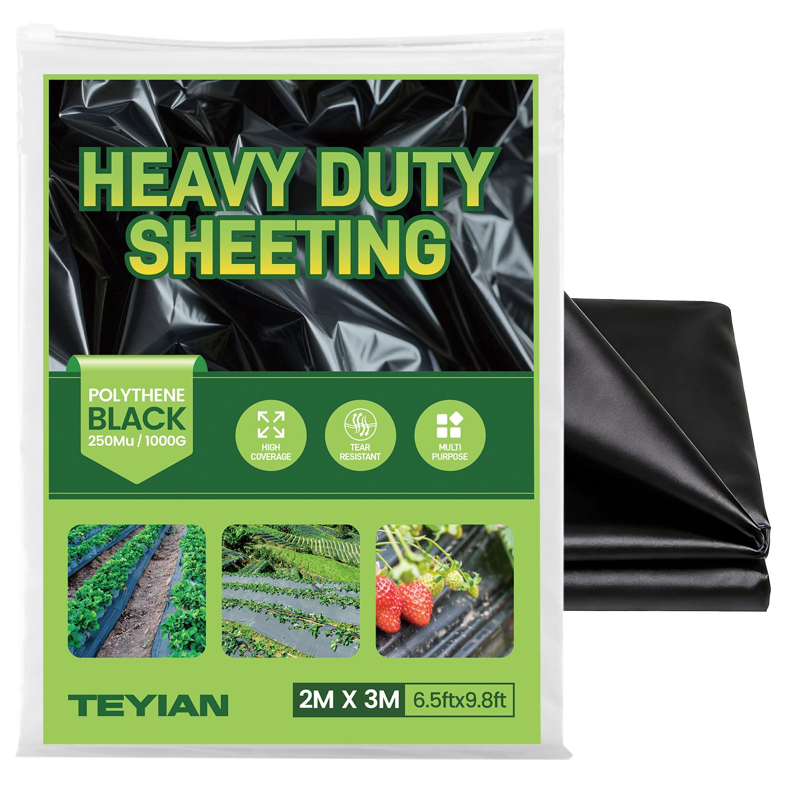 TEYIAN 2 x 3M Heavy Duty Polythene Plastic Sheeting Thickened Plastic Dust Sheets Garden Grow Polythene Cover Sheets Dustproof Waterproof - Black