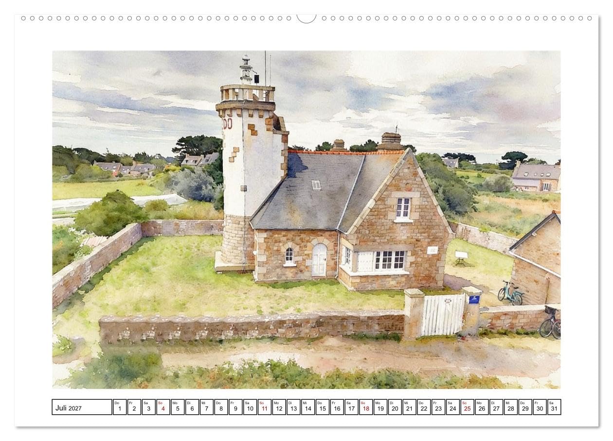 Highlights der Bretagne (hochwertiger Premium Wandkalender 2027 DIN A2 quer), Kunstdruck in Hochglanz: Schönheit der Region im zarten Aquarell-Stil (CALVENDO Orte)