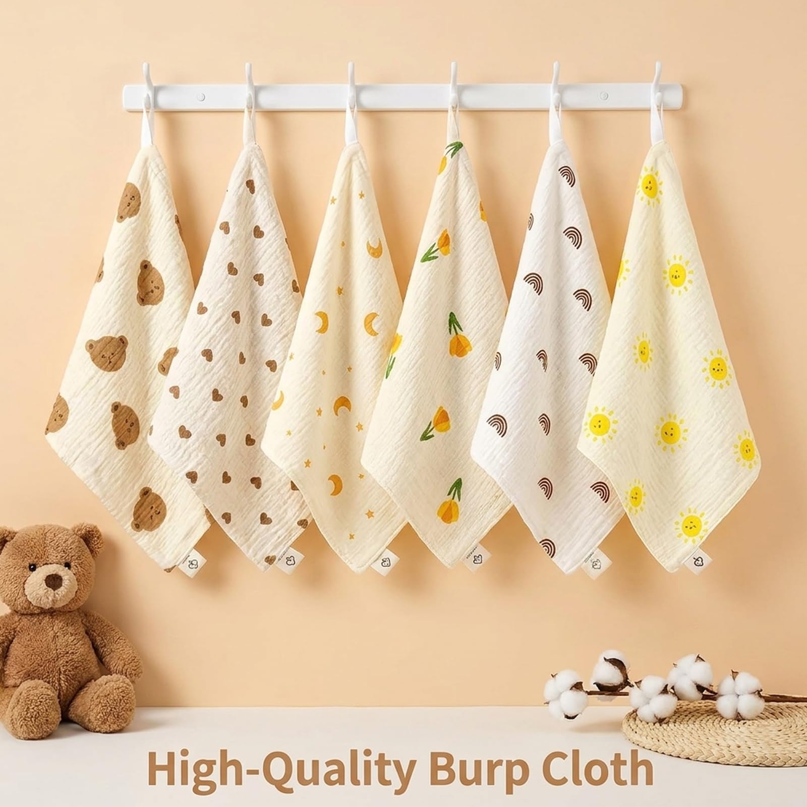 Burp Cloths for Newborn, 6-Pack Muslin Cloths for Baby, Soft Baby Muslins with Rainbow, Tulip, Star and Moon Designs, Ideal for Burping and Bathing, 25 x 25 cm — view 4