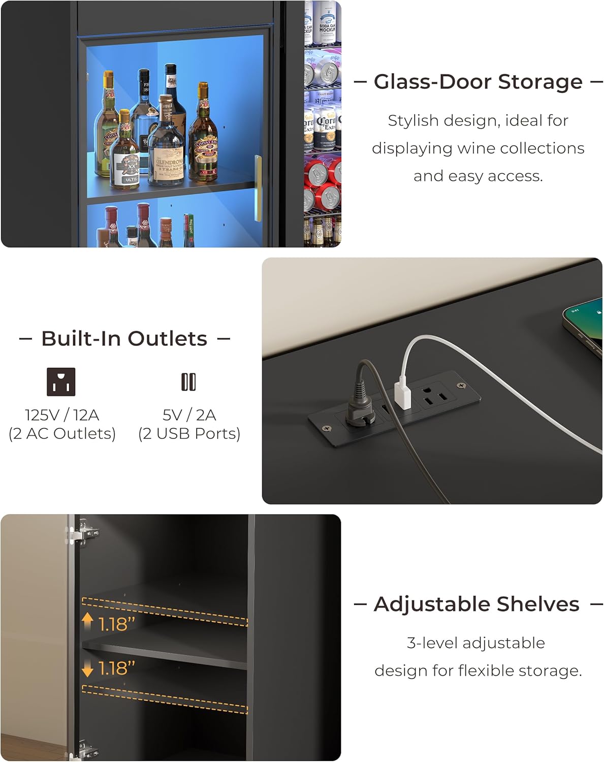 Coffee Bar Cabinet with Fridge Space, Wine Bar Cabinet with LED Lights & Power Outlets, Glass Door Liquor Storage Cabinet, Modern Buffet Sideboard for Living Room, Dining Room, Black