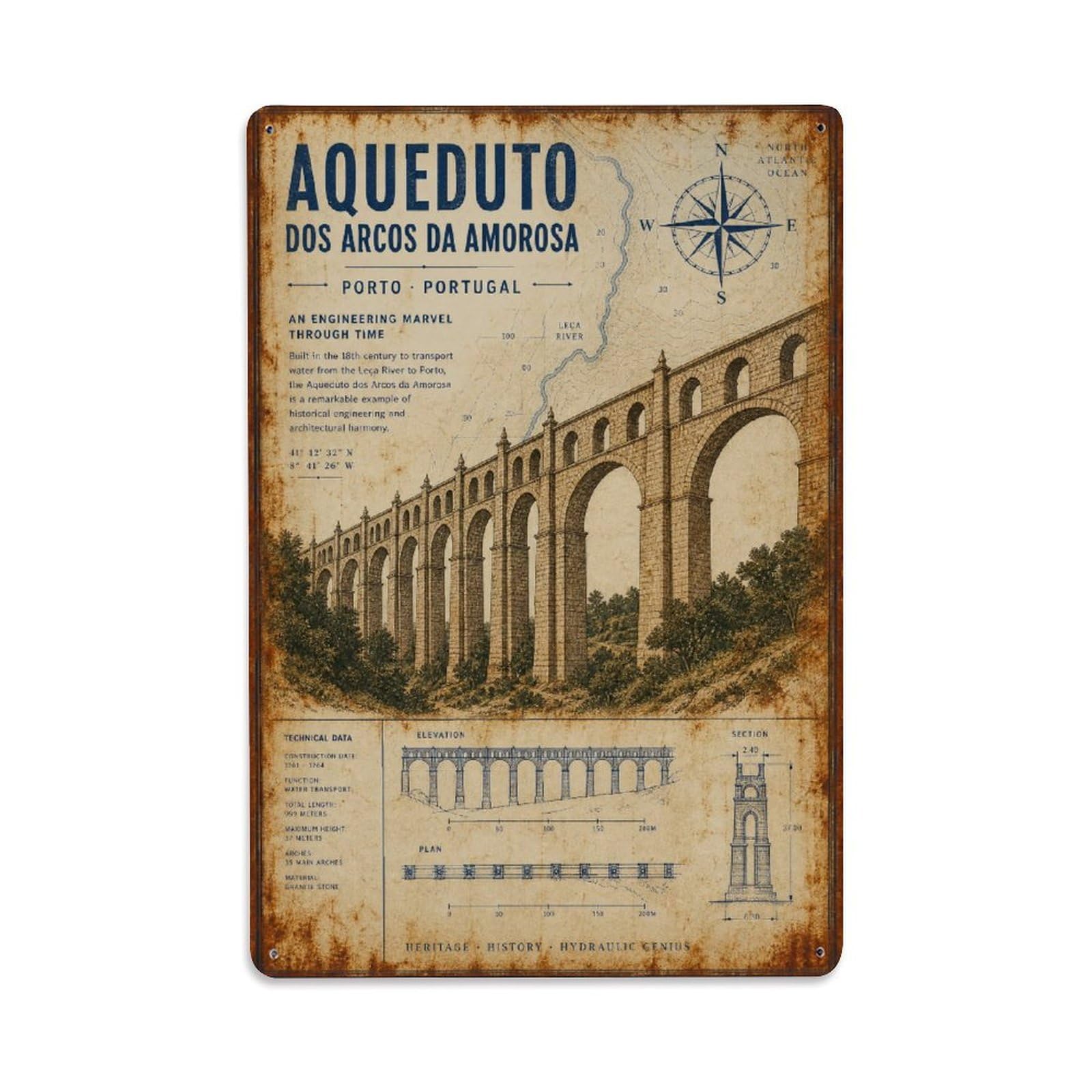 Yrnq 08X12inch Vintage Style Vintage Felgueiras Aqueduct Stone Arches Portugal Metal Tin Sign