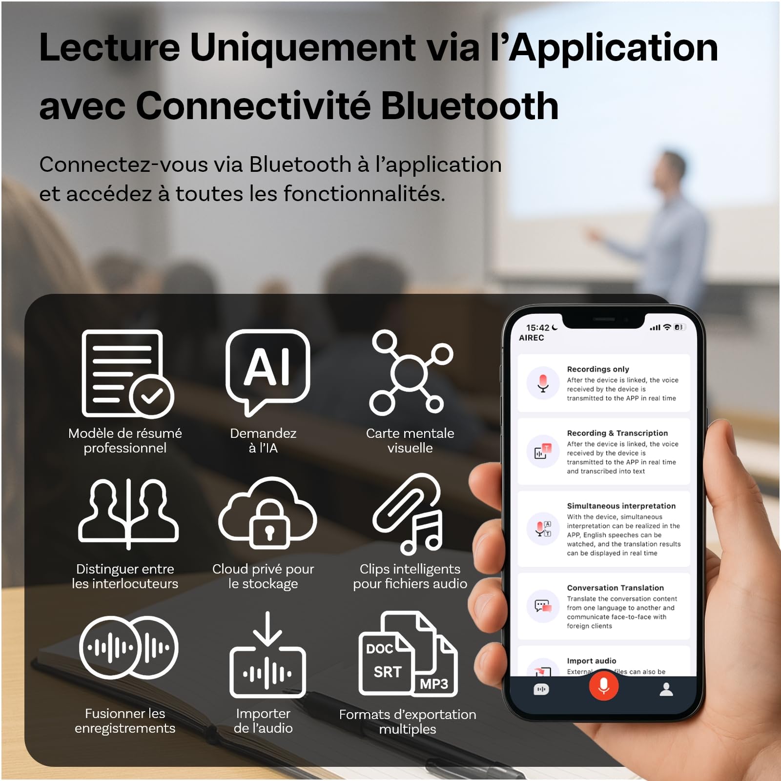 Enregistreur Vocal IA 32 Go par MMOBIEL – Dictaphone Numérique avec Contrôle par App, Transcription & Résumé IA, Traduction en Temps Réel, Bluetooth, Fonction Mindmap pour Réunions, Appels, Cours