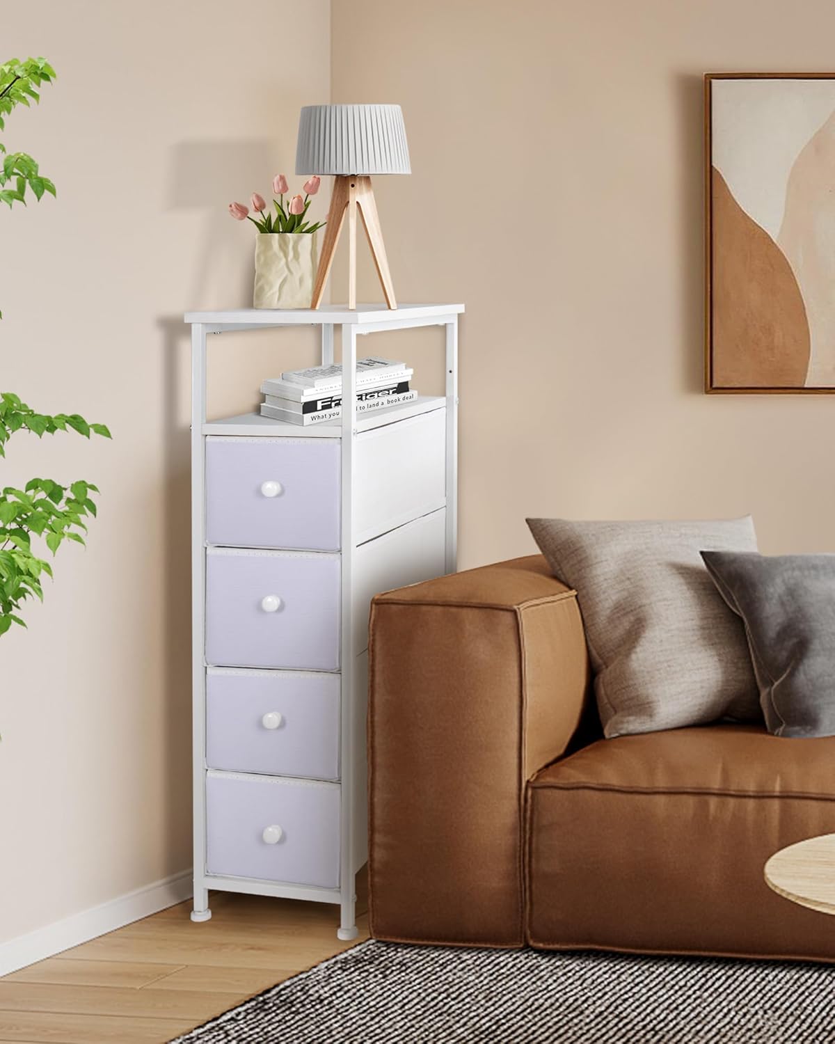 Narrow Dresser for Bedroom, Fabric Tall Dresser & Chests of Drawers with 4 Drawers, Vertical Organizer Storage Tower Unit for Bedroom, Hallway, Entryway White Wood Grain