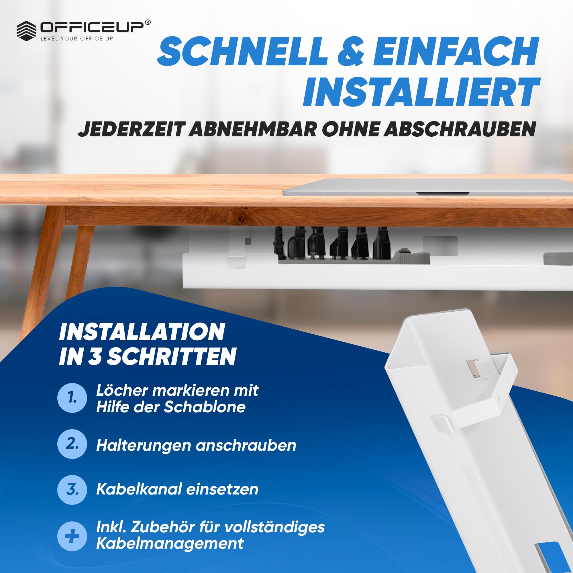 KABELKANAL XXL Schreibtisch - Kabelmanagement [Komplett Set] - Cable Management - Kabelhalter [Abnehmbar] - Kabelwanne - Jetzt erhältlich