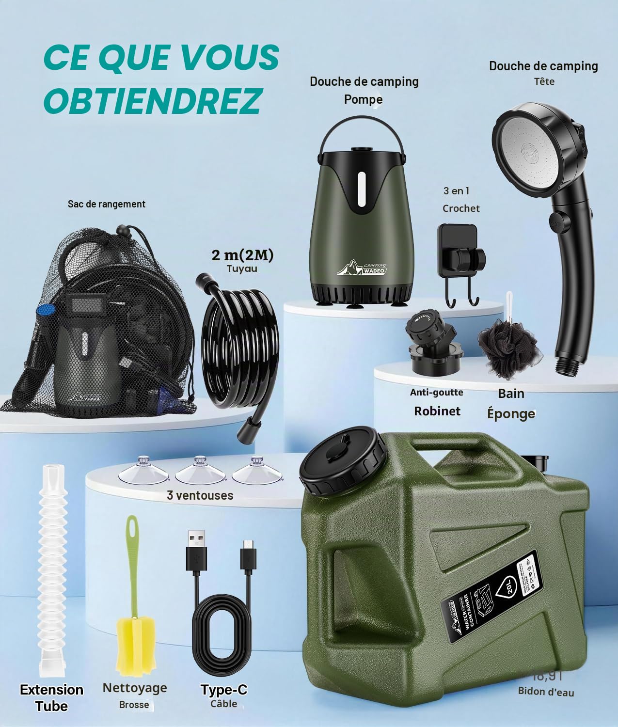 WADEO Douche de Camping Portable – Réservoir d’Eau 20 L, Pompe Rechargeable 5 Vitesses, Écran LED, IPX8 – Kit Extérieur pour Camping, Randonnée, Voyage, Lavage Auto, Bain Animal, Plage