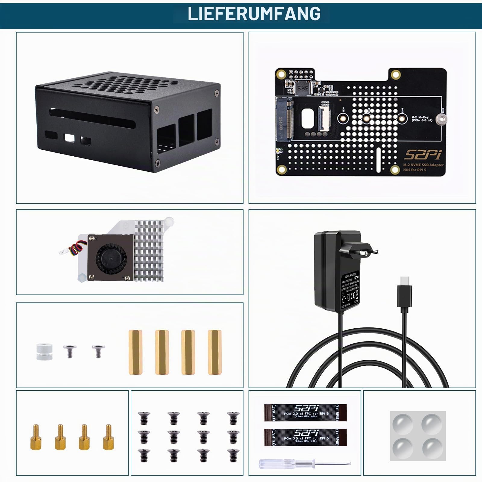 GeeekPi Metal Gehäuse für Raspberry Pi 5,mit Official Active Cooler,N04 M.2 NVMe SSD PCIe Peripheral Board und 27W USB C Netzteil für Raspberry Pi 5 4GB/8GB/16GB