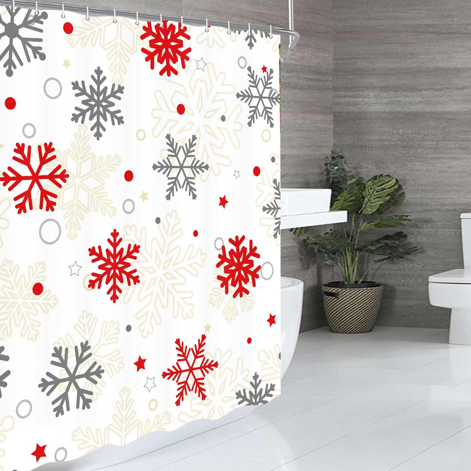 Duschvorhang ‚Weihnachtsschneeflocken‘ – 183x183 Cm, Wasserdicht – Mit 12 Haken, Winter-Design In Rot & Grau