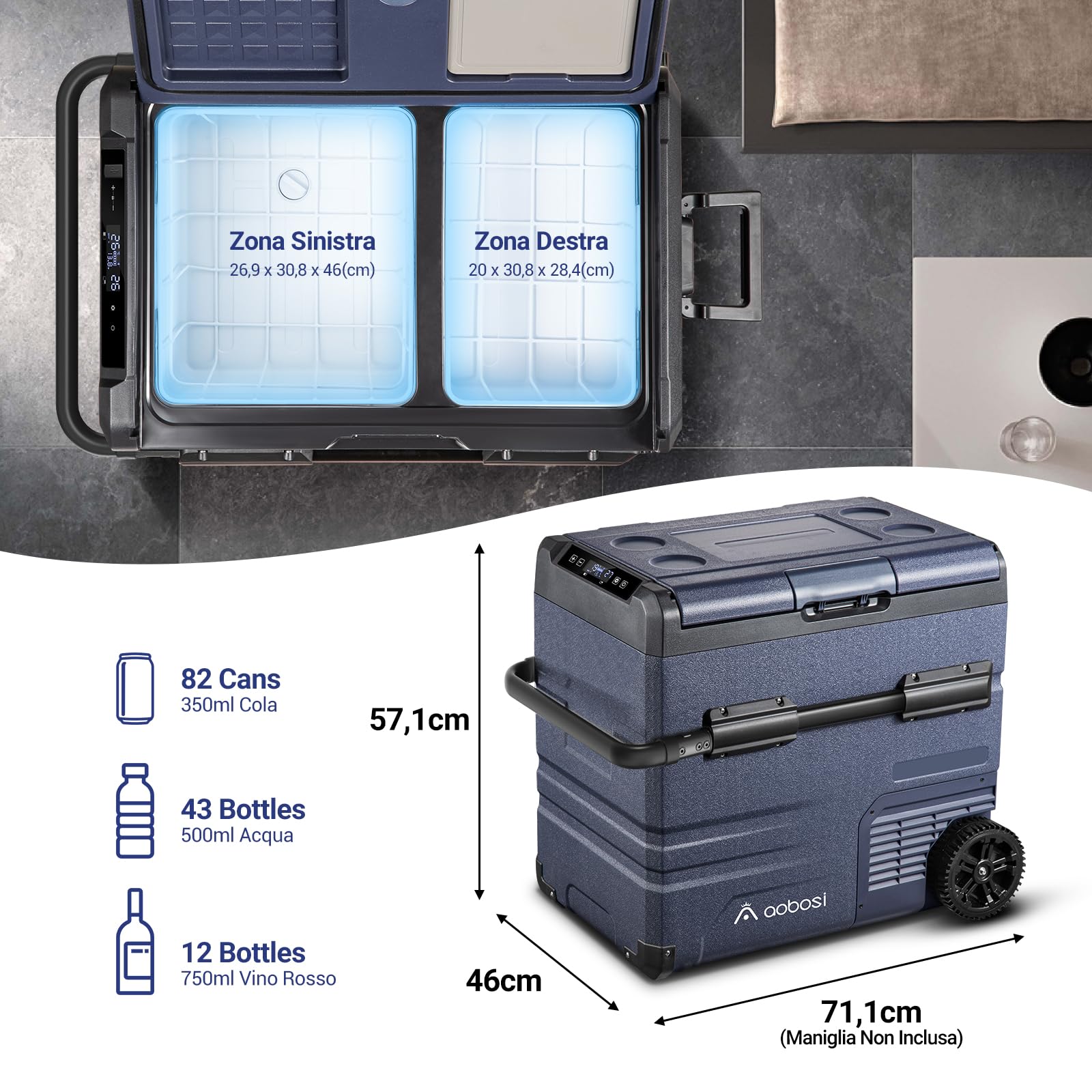 AAOBOSI Frigo Portatile, Frigo Per Auto Doppia Zona, Frigorifero da Viaggio con WiFi, -20 ℃ a 20℃, 12/24V DC e 100/240V AC,Per Auto, Camion, Camper, Barca e Presa Di Corrente