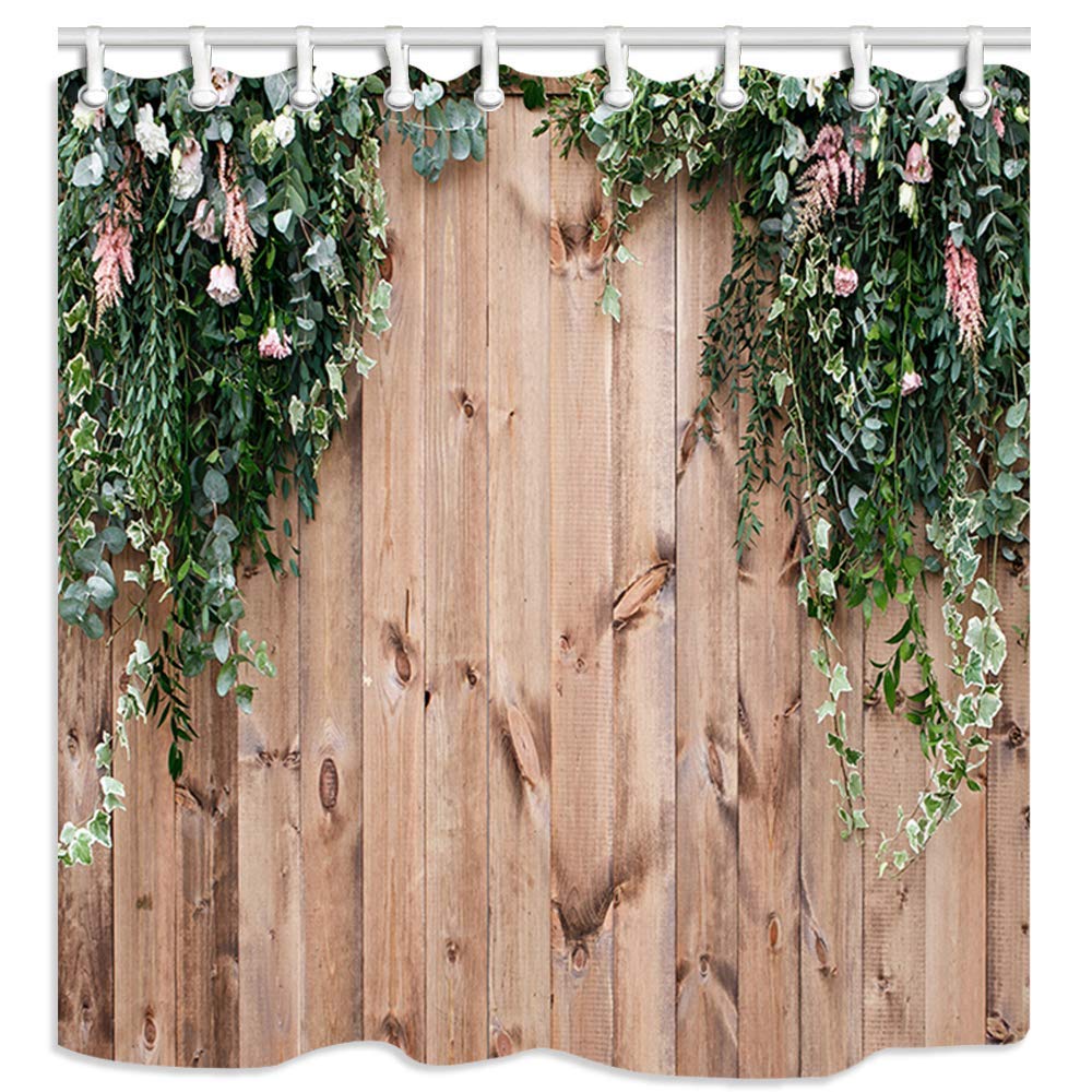 JOOCAR Bathroom Decorative, Wooden Fence Fresh Spring Greens Flowers and Leaf Plant on Wood Board
