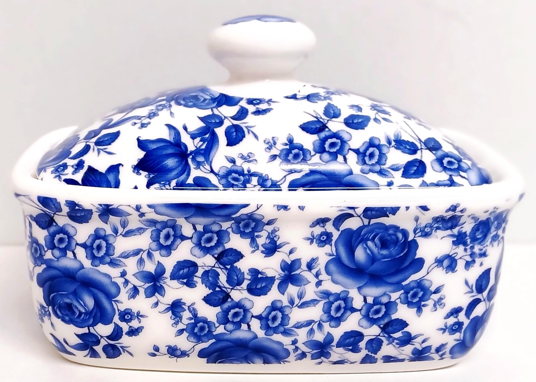 Delft Blue Butter Dish Bone China Blue Floral Lidded Container Hand Decorated in UK