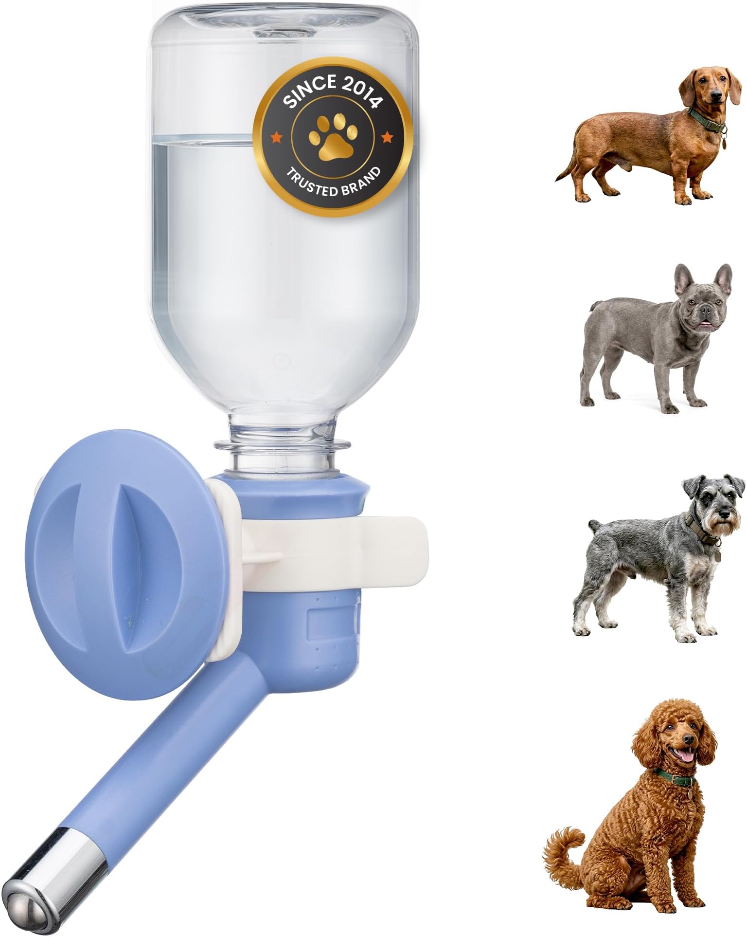 Patented No-Drip Dog Water Bottle/Feeder for Dogs/Cats and Other Small-Medium Sized Animals - for Cages, Crates or Wall Mount. 10.2 Oz. Mess Free Leak-Proof Nozzle 16mm, Blue (C590)