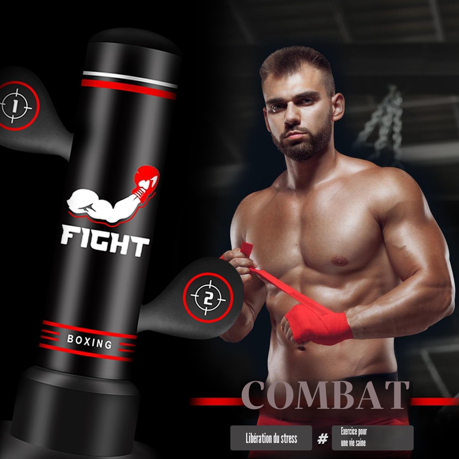 NZQXJXZ Sac de Frappe Adulte, 180cm Sac de Boxe Autoportant avec Gants de Boxe, Pompe, Corde à Sauter et Balle de Réflexe, Sac de Frappe Gonflable pour Hommes pour Entraînement Muay Thai MMA Fitness