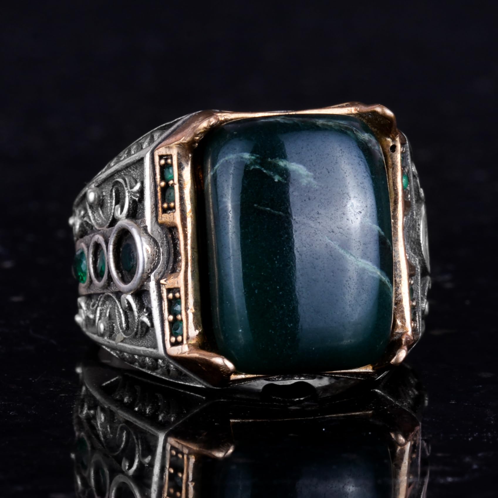 KAMBO Bague en argent sterling 925 pour homme, bague en pierres précieuses naturelles authentiques, fabriquée à la main, moyenne, pierre précieuse argentée et bronze, jade, Medium, Pierre précieuse