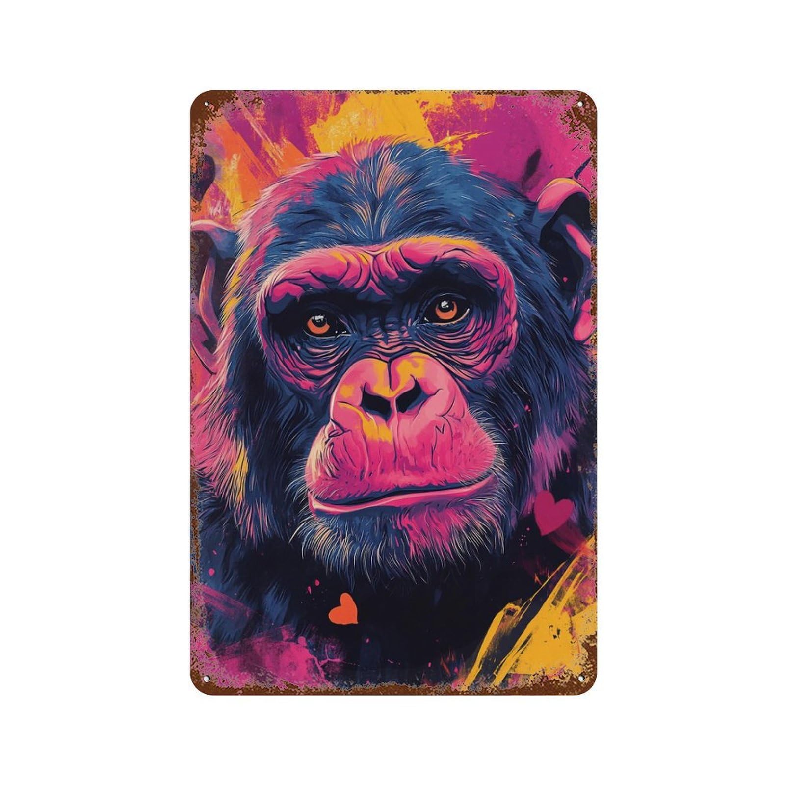 Colorful Chimpanzee Portrait Weathered Tin Sign 11.8"x7.9", for Basement, Hobby Room And Garage Decor, Rustic Home Decor