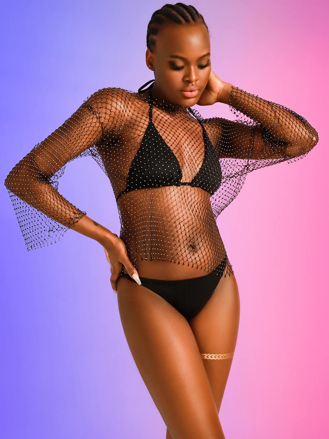 Yokawe Fishnet See Through Crop Top Long Sleeve Black Rhinestone Mesh Glitter Festival Top for Women - Image 9