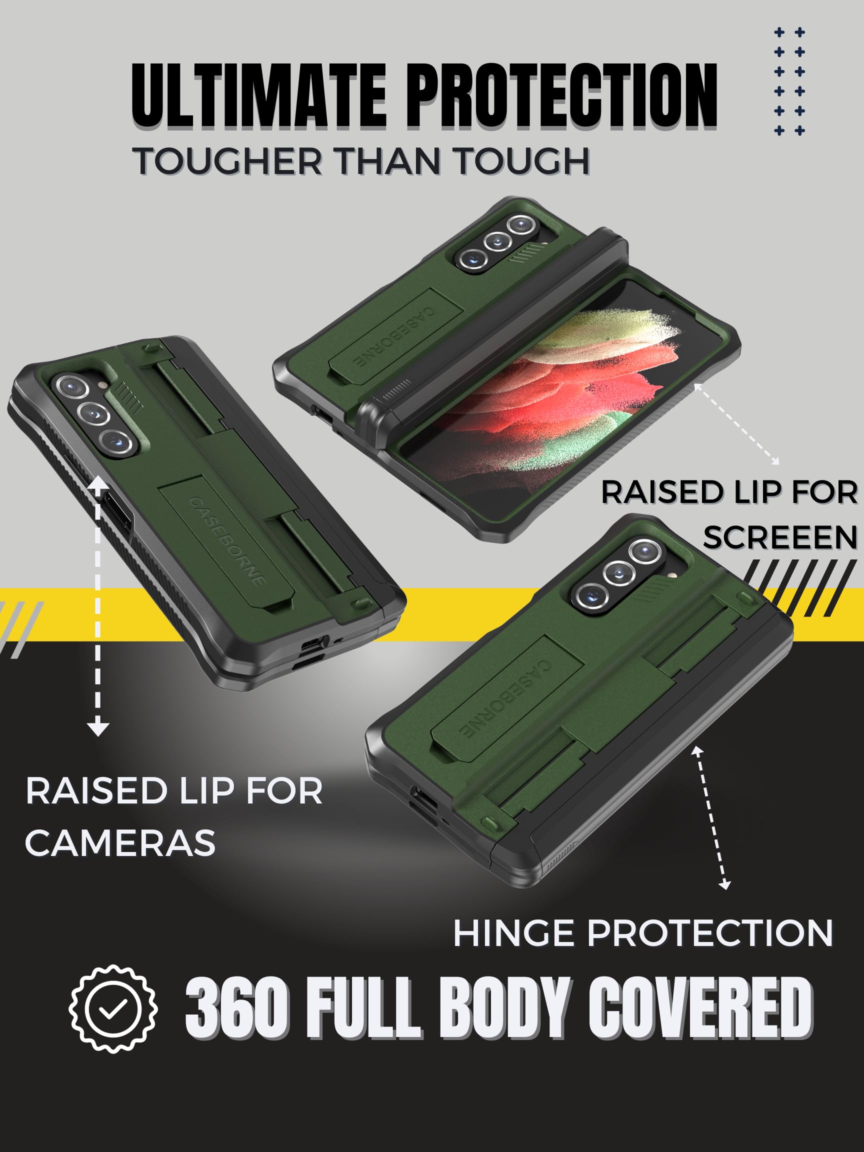 CaseBorne V Compatible con la funda Samsung Galaxy Z Fold 5 - [Protección de bisagra], [100% materiales reciclados] con soporte integrado, soporte para S-Pen y protector de pantalla de vidrio templado