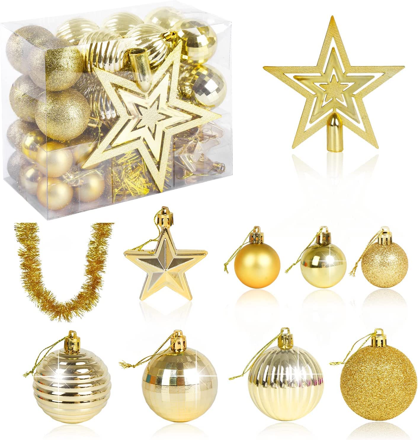 Veylin Gold Christmas Tree Decorations Set Of 40 Christmas Baubles Hanging Ball Tinsel Garland Star Tree Topper Ornaments