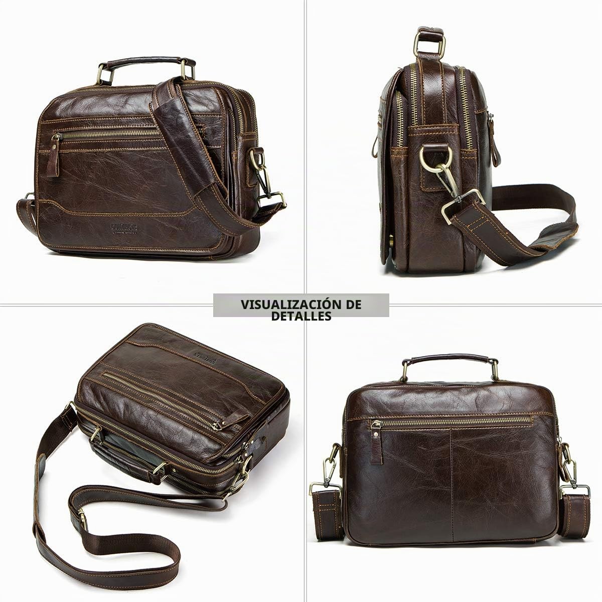 CONTACTS Bolso Bandolera de Piel Auténtica para Hombre, para Laptop de 12 Pulgadas, Café,vintage mensajería para hombres y mujeres, viajes,