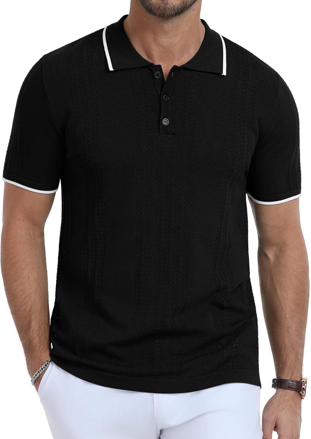 KUYIGO Men's Knit Hollow Out Polo Shirts Short Sleeve Button Collared Shirt Fashion Casual Summer Tops