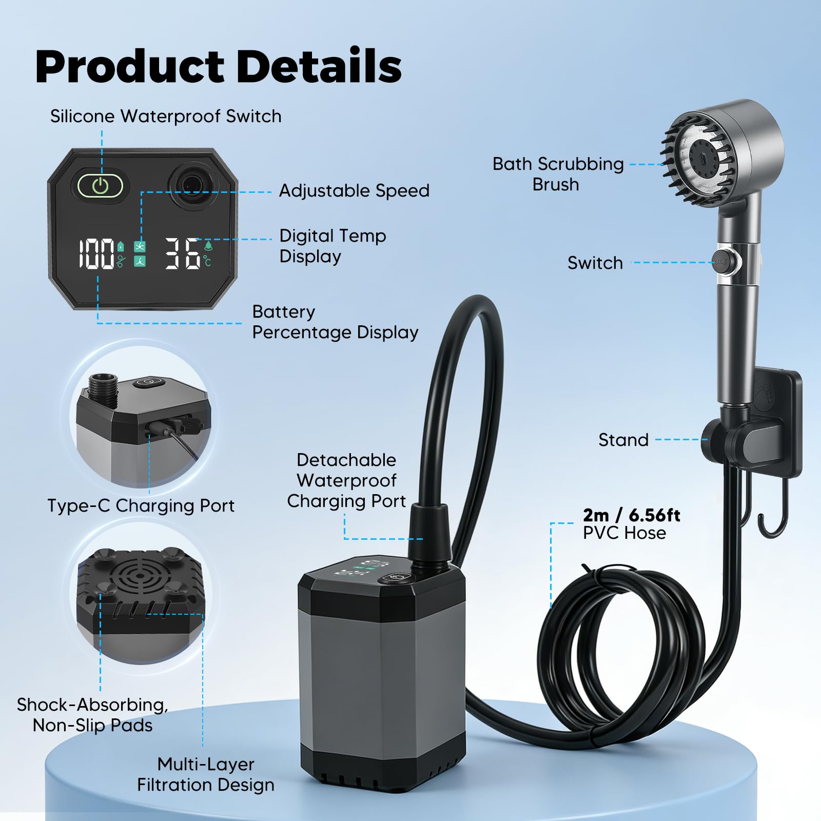 Doccia Da Campeggio, Con Secchio Pieghevole 20L, 8000 Mah Doccia Ricaricabile Portatile, Impermeabile Ipx7, Con Display Digitale Intelligente Per Spiaggia Giardino Lavaggio Auto