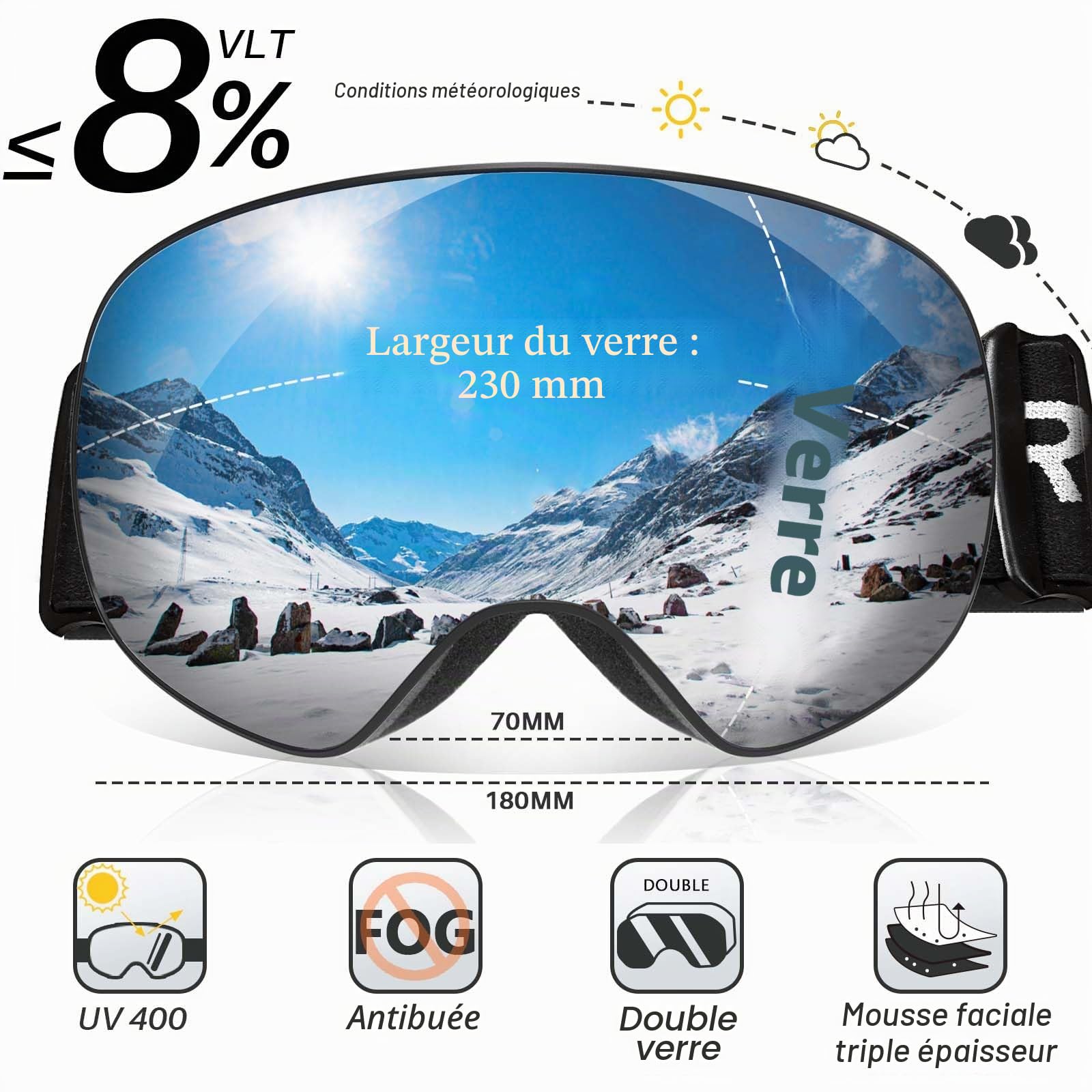 Masque de ski OTG sans monture anti-buée protection UV400 pour hommes et femmes