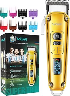 ماكينة حلاقة شعر احترافية V-006، ماكينة صالون مع شاشة رقمية من في جي ار، رافعة مدببة، زر 5500-7000 دورة في الدقيقة، شفرة من السيراميك، 8 أمشاط قص، وقت تشغيل 250 دقيقة، بطارية ليثيوم 2600mAh (ذهبي)