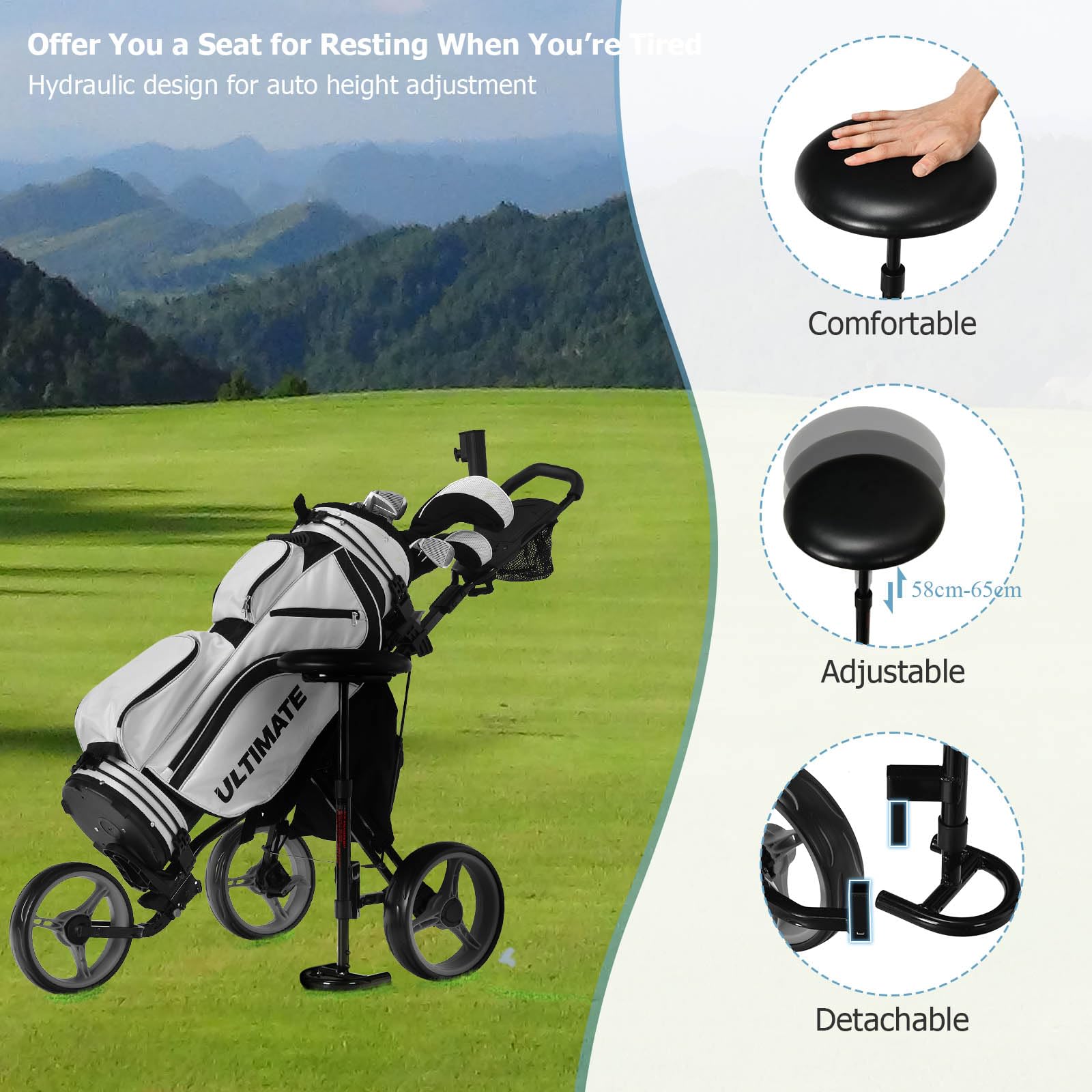 LIFEZEAL Chariot de Golf Pliable à 3 Roues, Voiturette Golf avec Tableau de Bord & Porte-Parapluie, Sac de Rangement & Frein, Siège Hauteur Réglable 58-65 cm, Charge de 100 kg