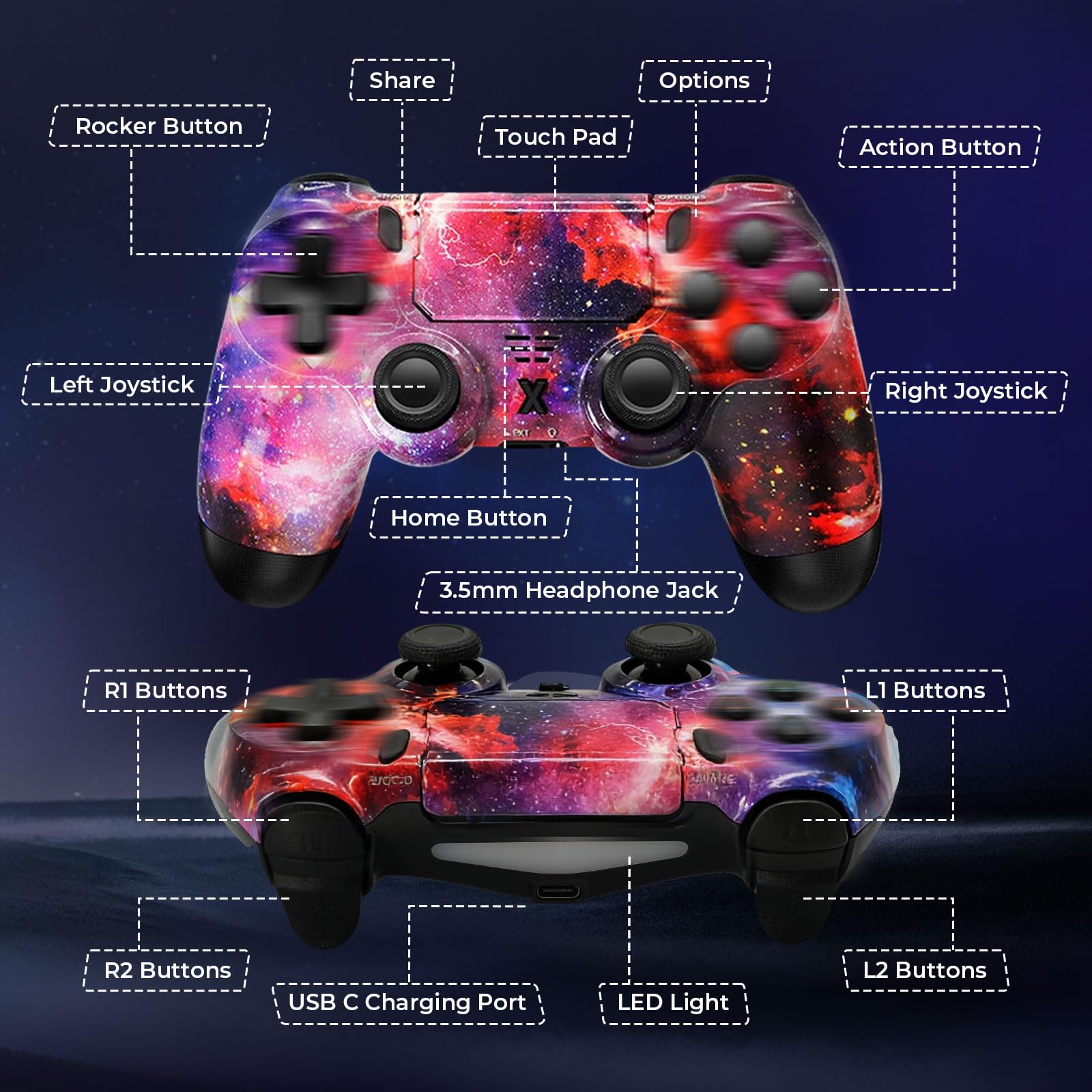 Hycago Manette pour P-4, Manette sans Fil Controller compatible avec P-4/Pro/Slim/PC, Batterie Rechargeable 1000mAh/Prise Audio 3,5 mm/Panneau Tactile/axe à six ans/Vibration