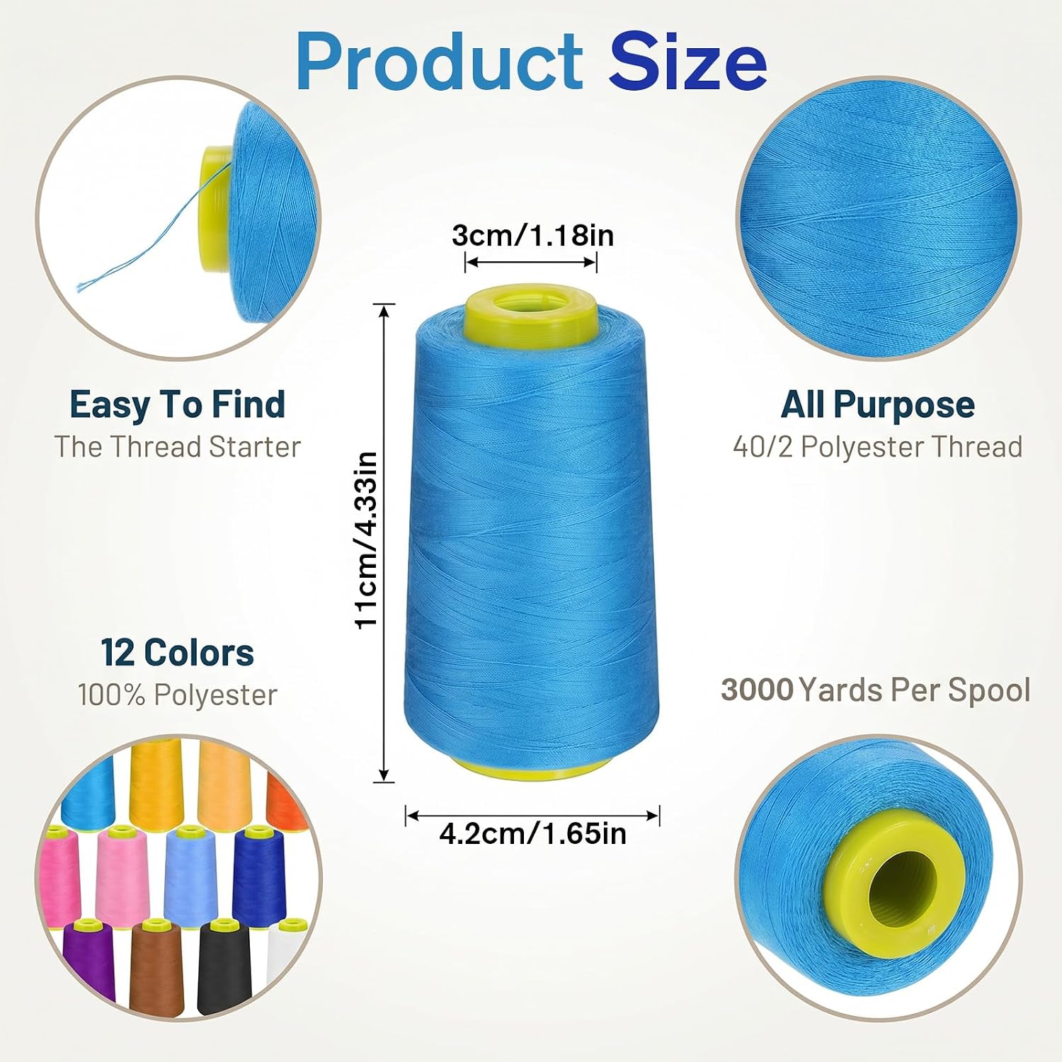 12 Pack Serger Thread Cones, 3000 Yards Each Spool, Overlock Thread