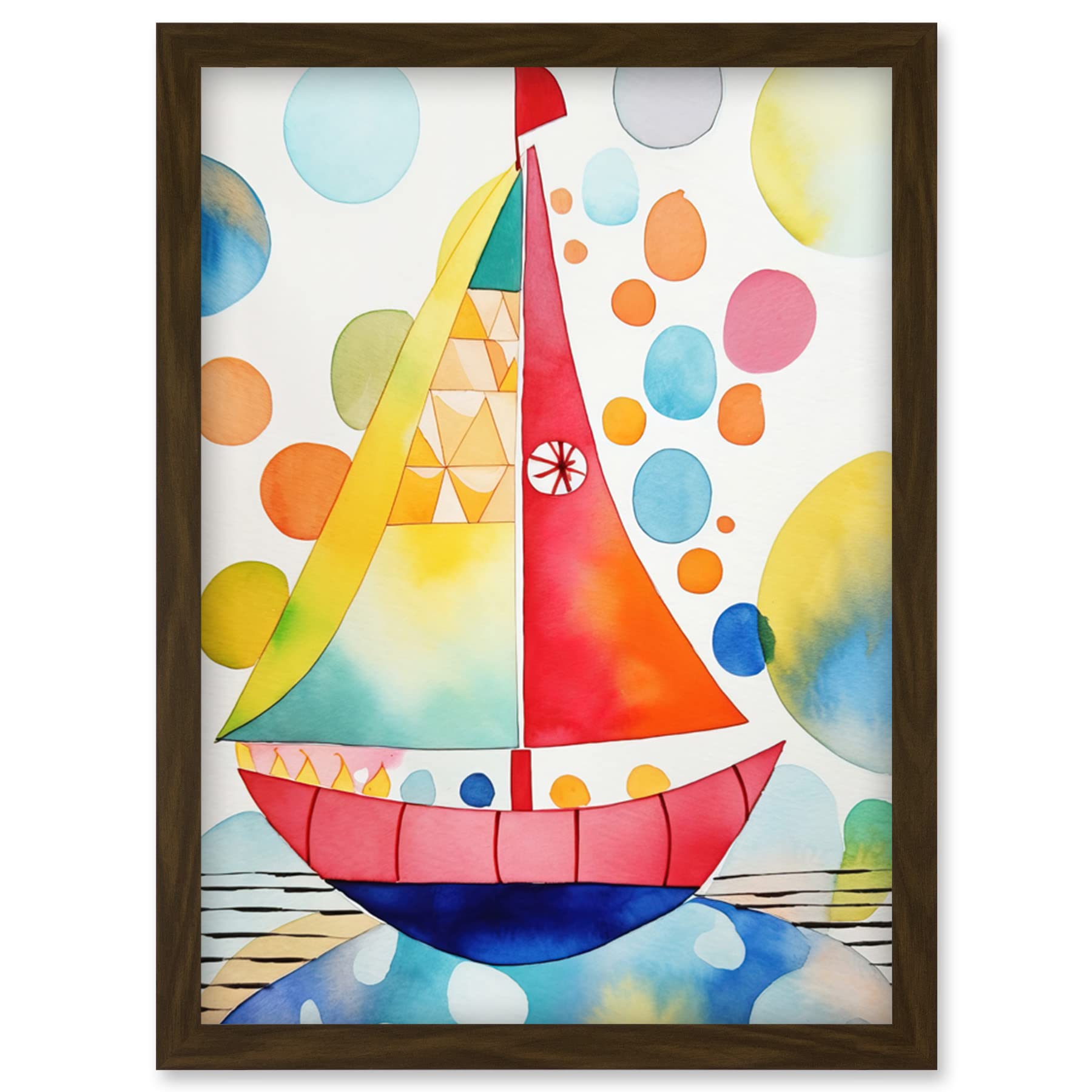 Artery8 Sailboat At Sunset Folk Art Artwork Framed Wall Art Print A4