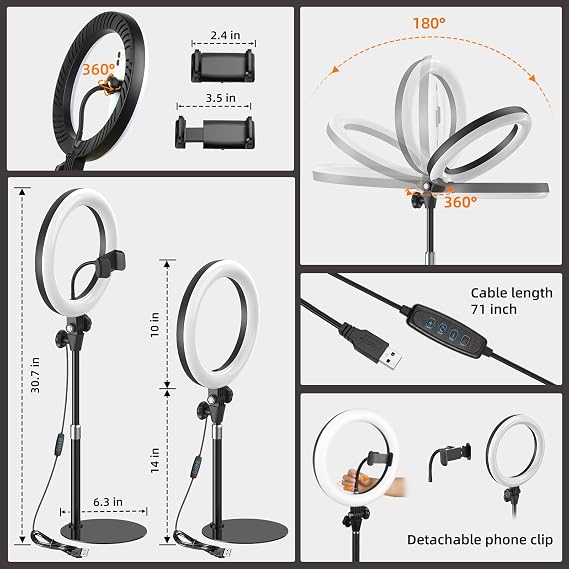 10'' Desk Ring Light with Stand Zoom Lighting with Phone Holder for ComputerVideo CallsConference CRI95 LED Adjustable Circle Light, 10'' Large Lamp Head, Content Creator Friendly