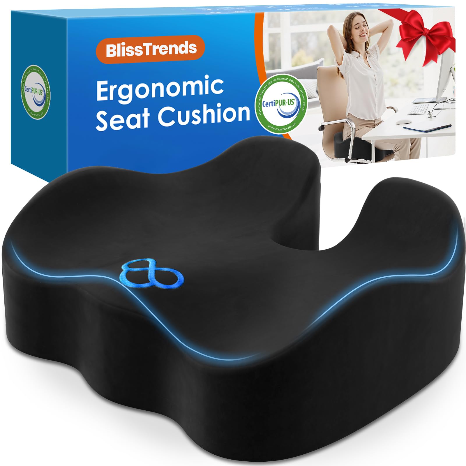 BlissTrends Seat Cushion,Thick Memory Foam Cushions for Pressure Relief, Tailbone Pain, Sciatica & Back Pain Relief for Office Chairs, 5.2in Thick (Black)