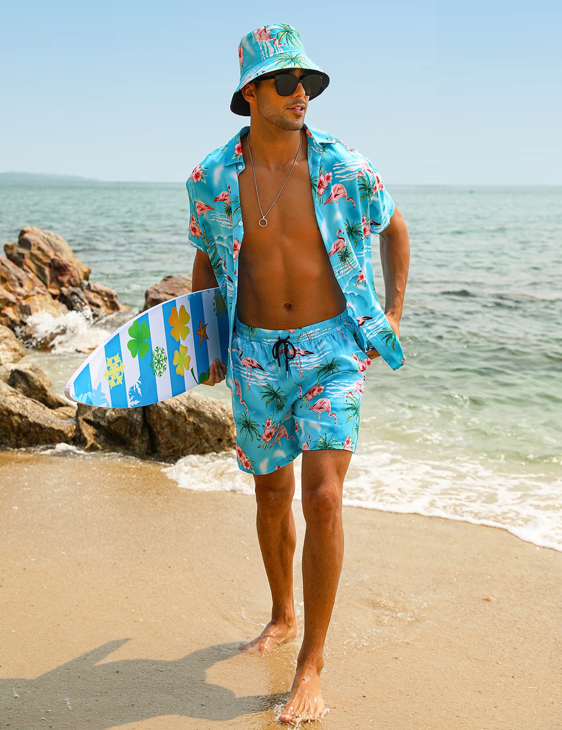 Ensemble de 2 chemises hawaïennes et shorts pour homme - Chemise décontractée boutonnée - Tenue de plage d'été avec chapeau cloche