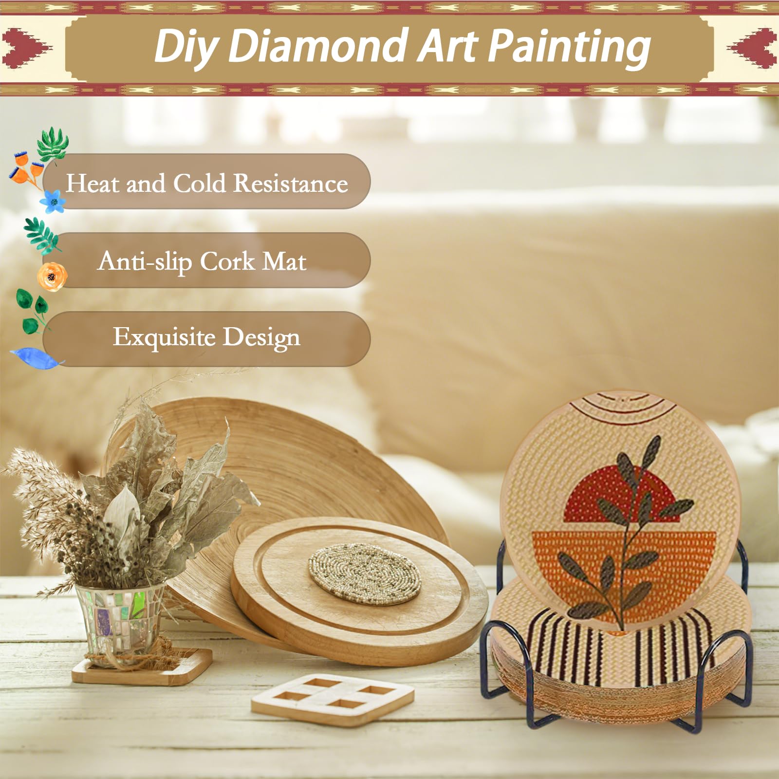 Glvomazty Diamond Painting Coasters with Holder, Set of 8 Bohemian Plants Diamond Painting Set, Diamond Non-Slip Cup Coasters - Image 3