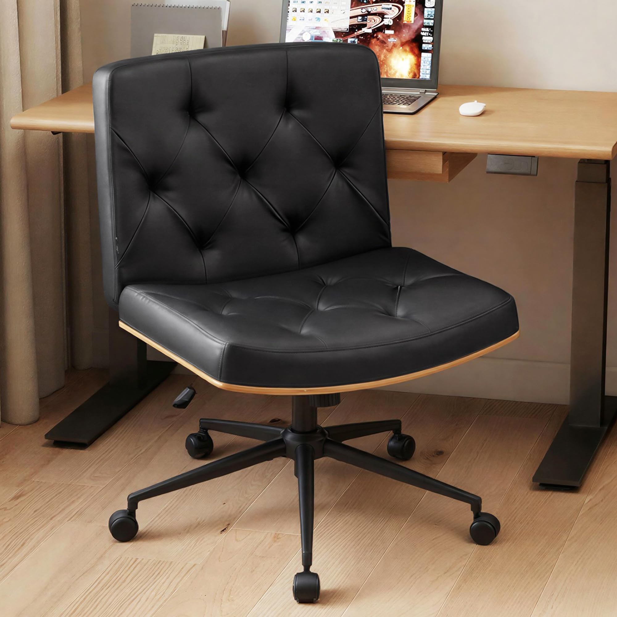 Furnimart Ergonomic Curved FSC Wood Backrest Desk Chair 360° Swivel, Faux Leather Criss Cross Chair with Wheels, Comfy Armless Cross Legged Sitting for Bedroom, Office, Vanity (PU Black)