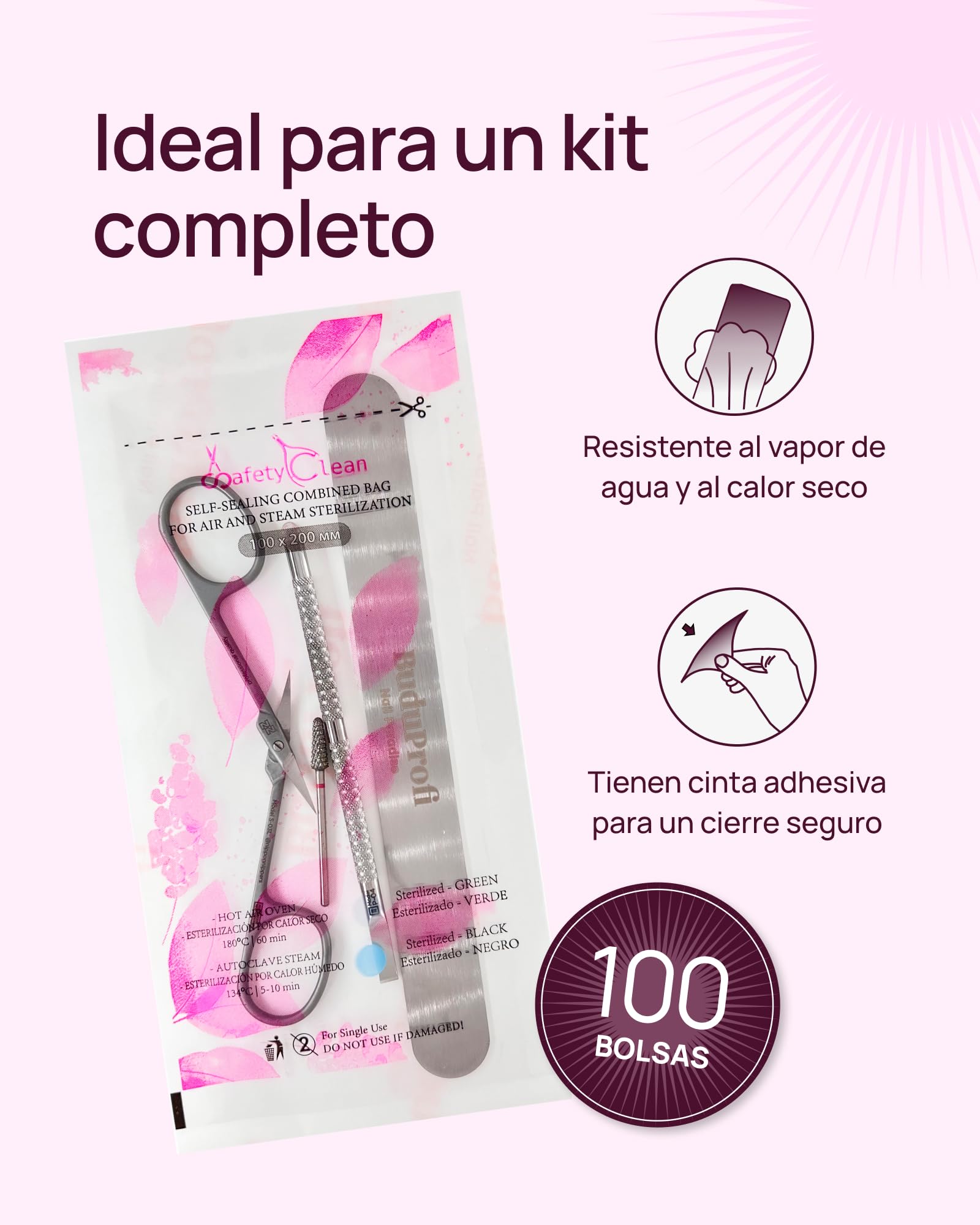 Safety Clean Bolsas de Esterilización Transparentes Indicador Autoclave Manicura Pedicura