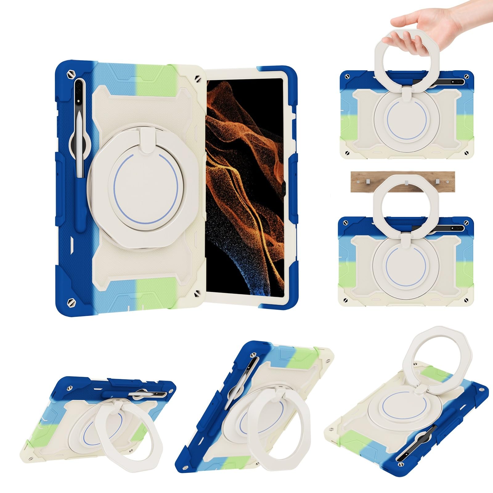 Pokrywa tabletu Etui kompatybilne z Samsung Galaxy Tab S9 Ultra Etui 14,6 cala 2023 (SM-X910/X916B/X918U) Pokrowiec na tablet z uchwytem na długopis, wytrzymały futerał ochronny z obrotowym uchwytem E