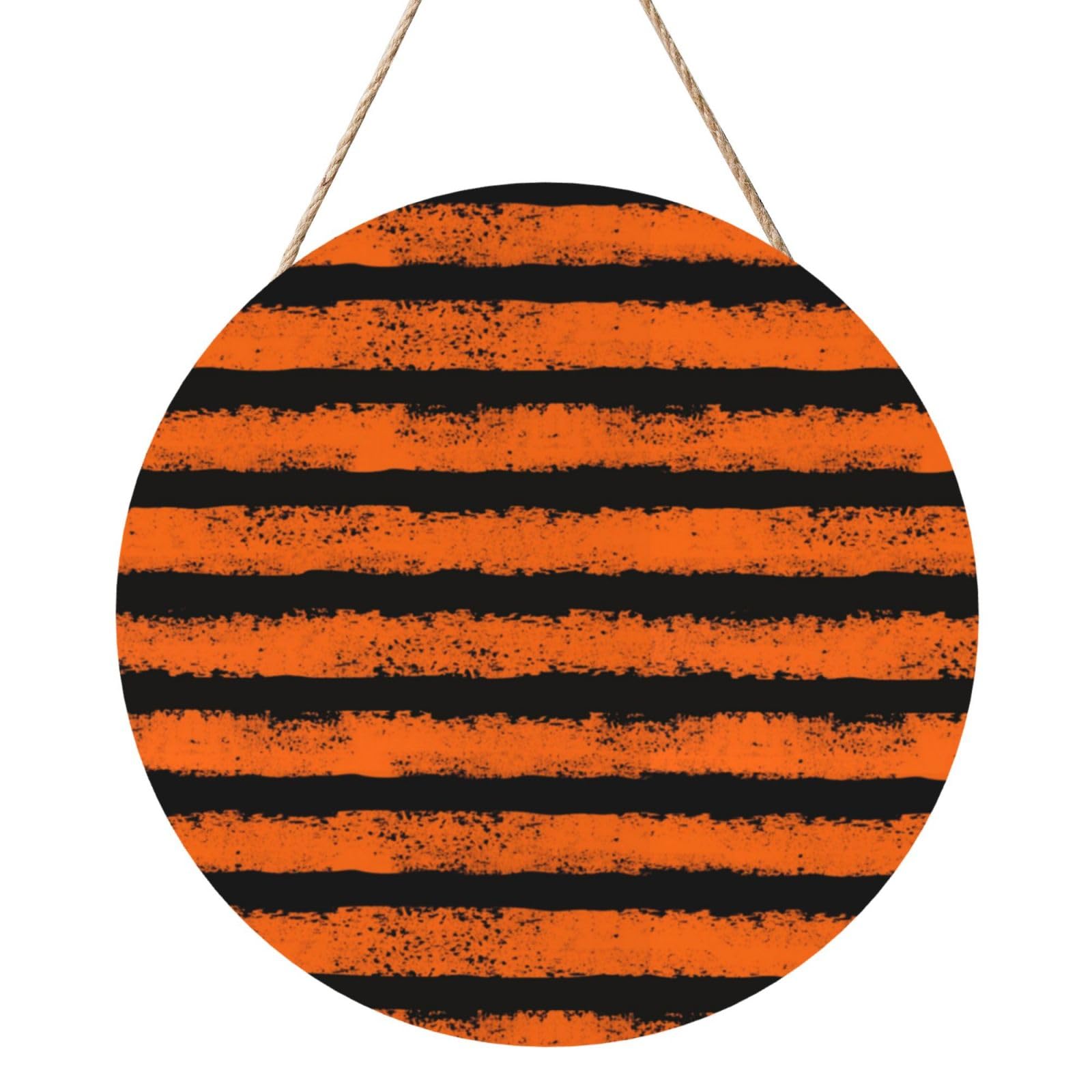 InOmak Orange Black Stripe, Round Wood Panel Painting 12 in, Wall Hanging Painting For Home