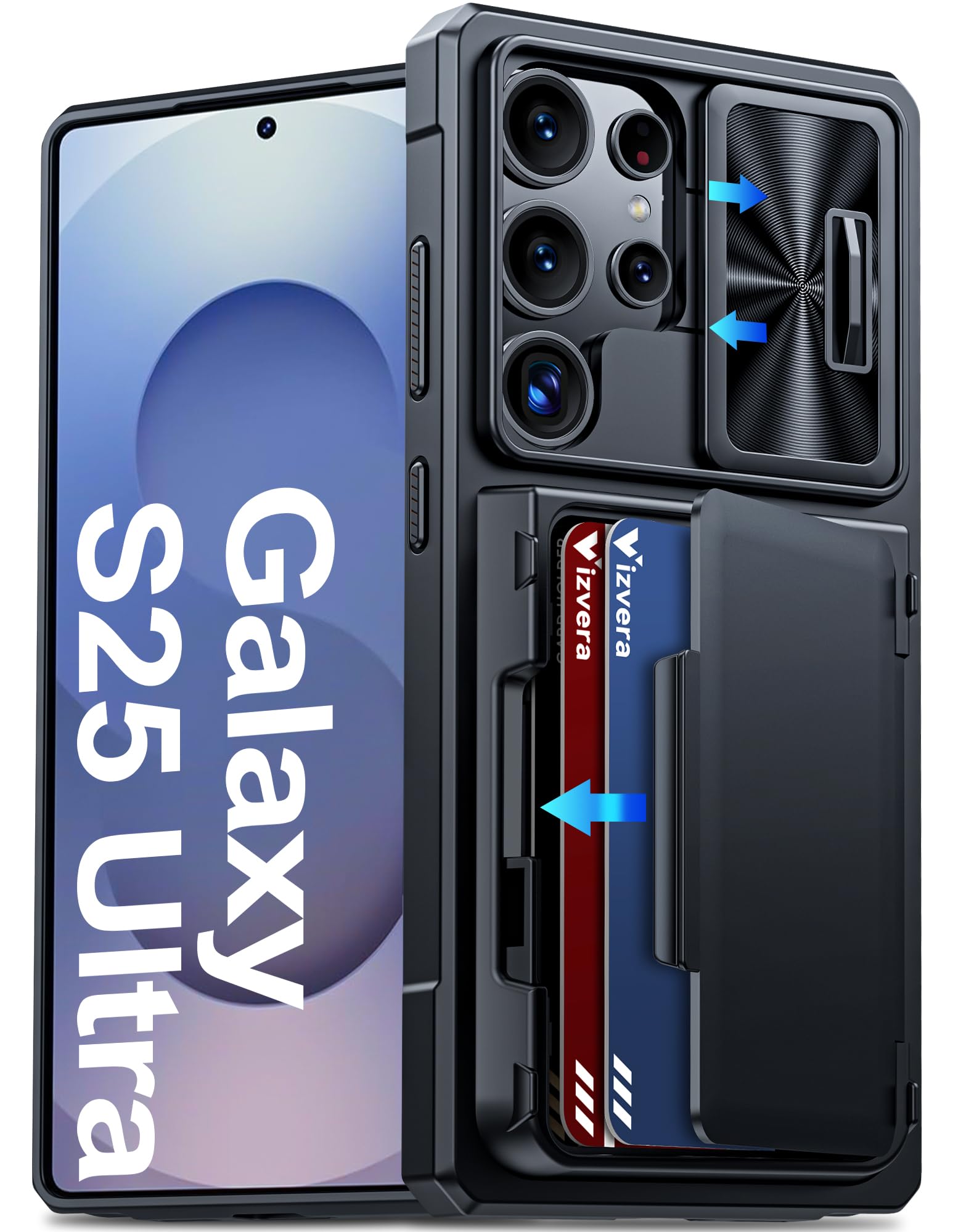 Vizvera for Samsung Galaxy S25 Ultra Case Wallet RFID [Cards Holder][Camera Cover][Edge Raised] Full Body Rugged Shockproof Silicone Protective Phone Case for Galaxy S25 Ultra 6.9" 2025(Black)