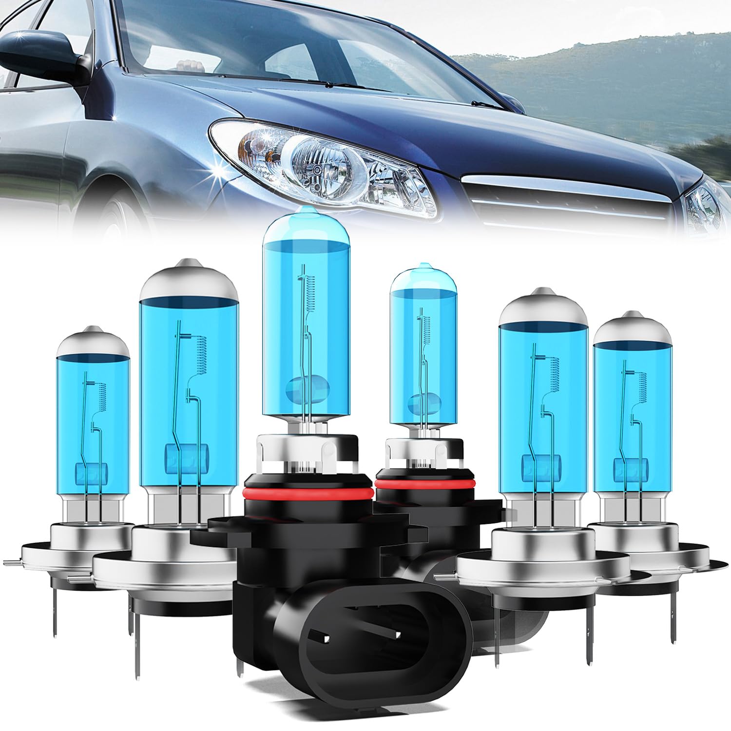 Headlight Bulbs Compatible With Hyundai Elantra 2018, H7 High Beam + 9005 Low Beam + H7 Fog Lights Halogen Light Bulb Combo, Super Bright 6000K White, Plug and Play, Pack of 6