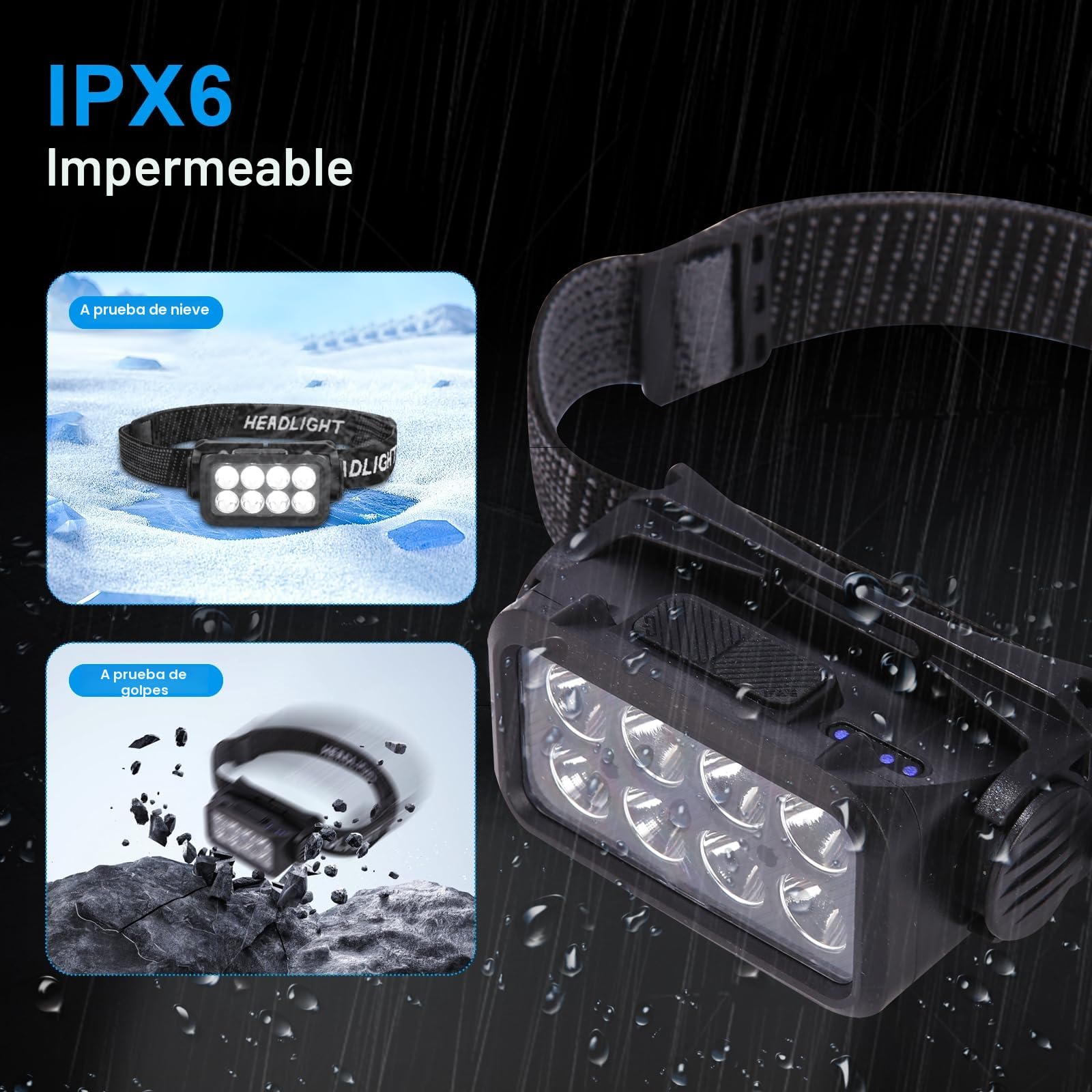 Linternas frontales LED recargables 2500 lúmenes IPX6 Impermeables Paquete de 2